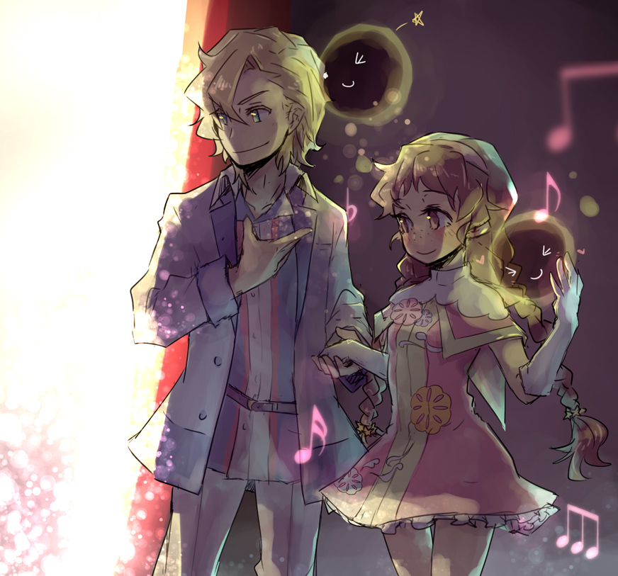 1boy 1girl belt blonde_hair blue_eyes braid brown_eyes brown_hair capelet collarbone couple cowboy_shot dress dress_shirt elbow_gloves floating_hair freckles frilled_dress frills gloves grey_jacket hair_between_eyes holding_hands isuzu_(log_horizon) jacket log_horizon long_hair lunderhaus_cord mo_(deciliter) musical_note open_clothes open_jacket pants pink_capelet pink_dress shirt short_dress sketch sleeveless sleeveless_dress smile standing twin_braids twintails very_long_hair white_background white_gloves white_pants