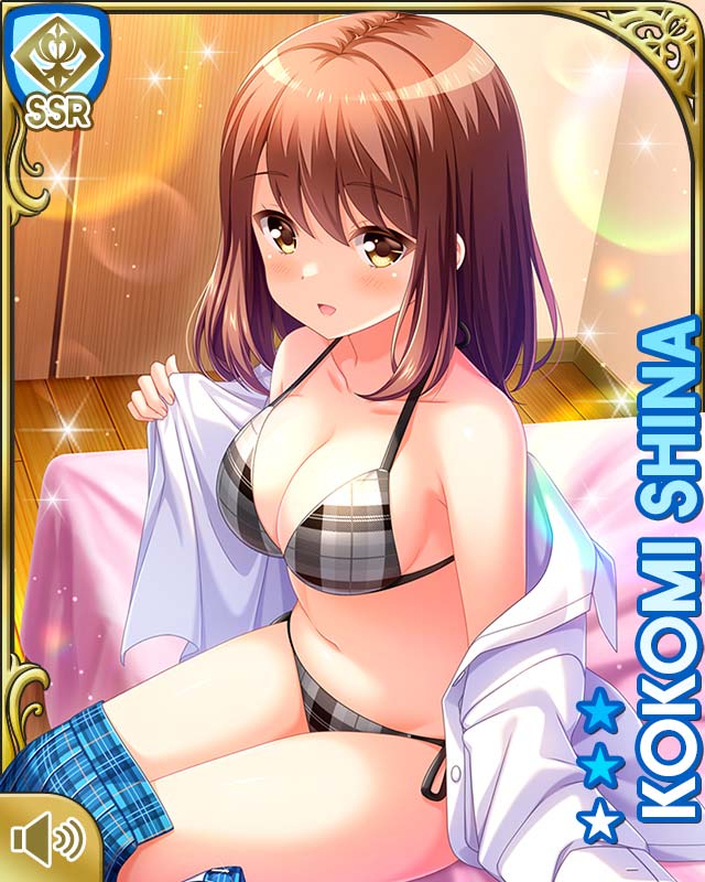 1girl :d bed bedroom black_bra black_panties bra breasts brown_eyes brown_hair cyberagent day dress_shirt girlfriend_(kari) indoors kneehighs large_breasts long_hair medium_breasts midriff official_art open_mouth panties plaid_clothes plaid_skirt plaid_underwear qp:flapper school_uniform shiina_kokomi shirt sitting skirt smile socks tagme underwear undressing