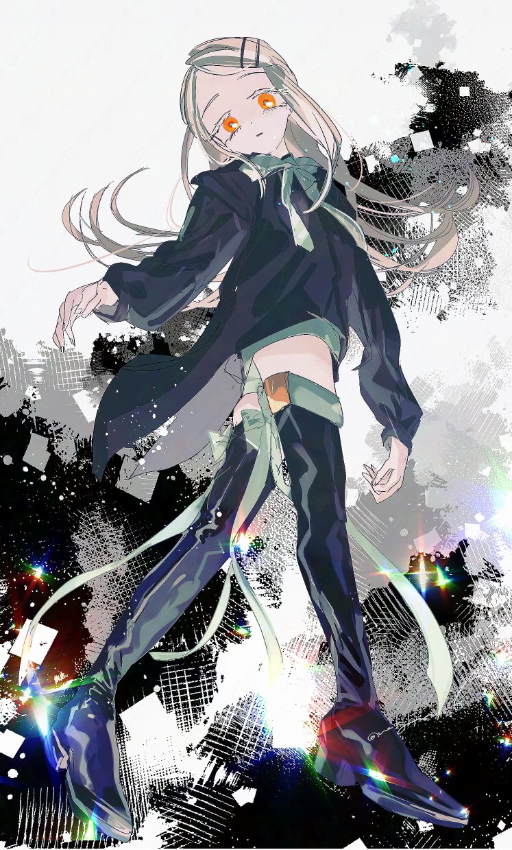 1girl abstract_background black_background black_boots black_jacket blonde_hair boots expressionless footwear_ribbon from_side full_body gakuen_idolmaster green_ribbon green_shorts head_tilt highres idolmaster jacket leather leather_boots long_hair long_sleeves looking_at_viewer looking_to_the_side neck_ribbon nega orange_eyes parted_lips ribbon shinosawa_hiro short_shorts shorts solo sparkle swept_bangs thigh_boots walking white_background