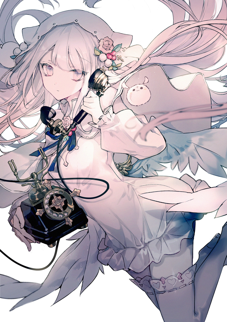 1girl blue_ribbon breasts cierra_(ra-bit) closed_mouth commentary creature dress feet_out_of_frame floating_hair grey_eyes hair_ornament holding holding_phone hood legs_up long_hair looking_at_viewer neck_ribbon original phone puffy_sleeves ribbon simple_background small_breasts solo thighhighs white_background white_dress white_hair white_hood white_thighhighs wings