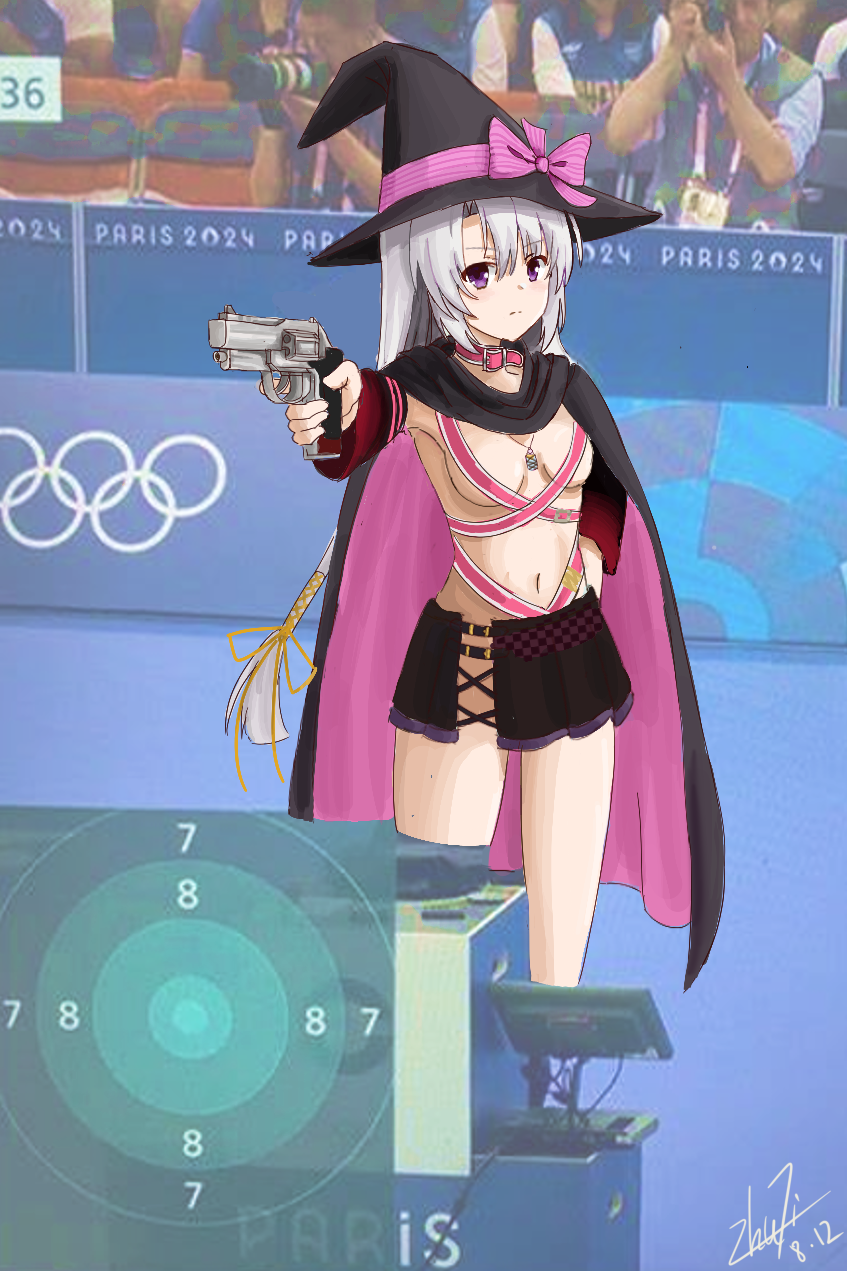 1girl 2024_summer_olympics ayachi_nene belt belt_bra belt_collar black_cape black_hat black_skirt bow breasts breasts_apart cape chinese_commentary collar commentary_request detached_sleeves feet_out_of_frame grey_hair gun hair_between_eyes hair_ribbon hand_on_own_hip handgun hat hat_bow highres hip_vent holding holding_gun holding_weapon jpeg_artifacts long_hair long_sleeves looking_at_viewer medium_breasts miniskirt navel olympics outstretched_arm parody photo_background pink_belt pink_bow pink_cape pleated_skirt ribbon sanoba_witch serious sidelocks signature skirt solo split_mouth standing striped_bow two-sided_cape two-sided_fabric two-tone_cape v-shaped_eyebrows very_long_hair weapon wide_sleeves witch witch_hat wrnmsb yellow_ribbon yusuf_dikec yusuf_dikec_(meme)