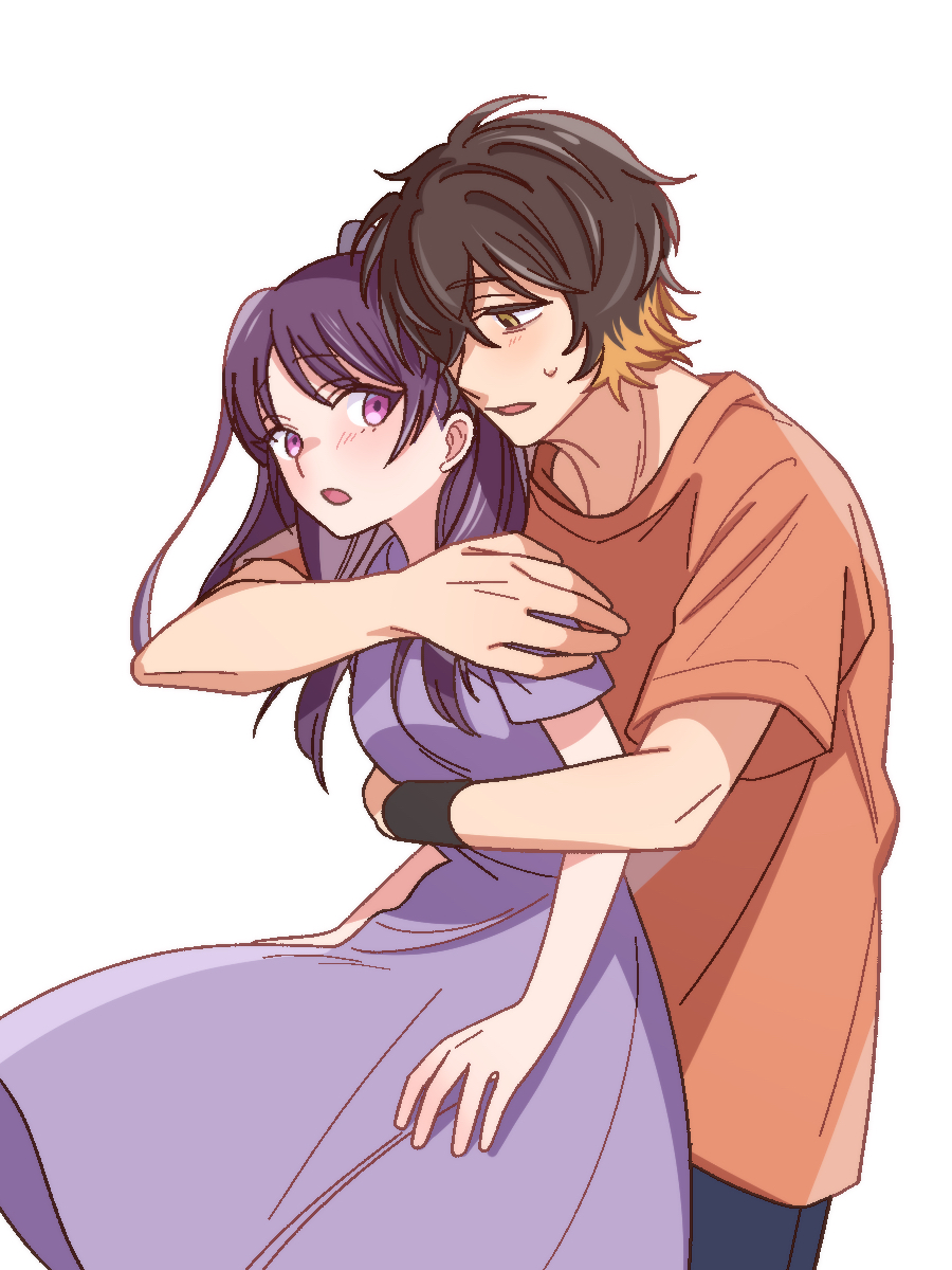 1boy 1girl :o blush brown_hair dress hetero highres hug hug_from_behind magami_keigo miyao_nemu multicolored_hair orange_shirt purple_dress purple_eyes shirt short_sleeves simple_background standing streaked_hair sweatdrop t-shirt white_background witch_watch yoshitaka_(palooo)