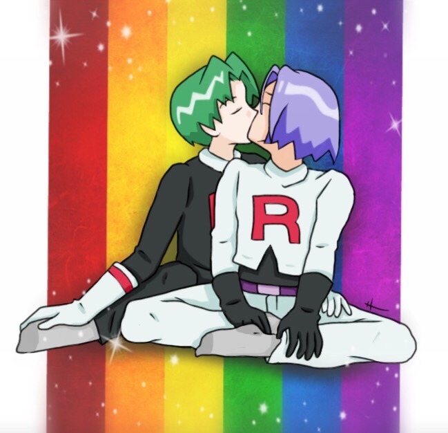 2boys blue_hair buchichu butch_(pokemon) closed_eyes green_hair james_(pokemon) kiss multicolored_hair multiple_boys nintendo pokemon pokemon_(anime) rainbow_background rainbow_flag rainbow_hair sitting team_rocket yaoi