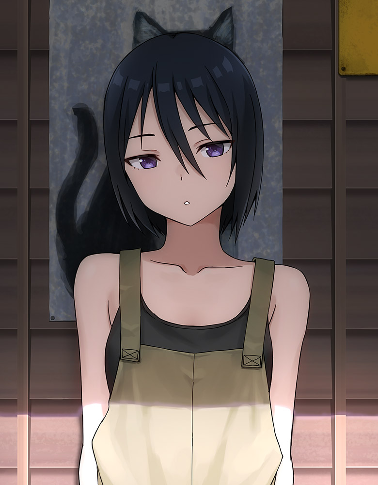 1girl animal_ears black_cat black_hair breasts cat cat_ears collarbone commentary_request expressionless hair_between_eyes hashi looking_at_viewer medium_breasts original outdoors overalls parted_lips purple_eyes short_hair simple_background solo