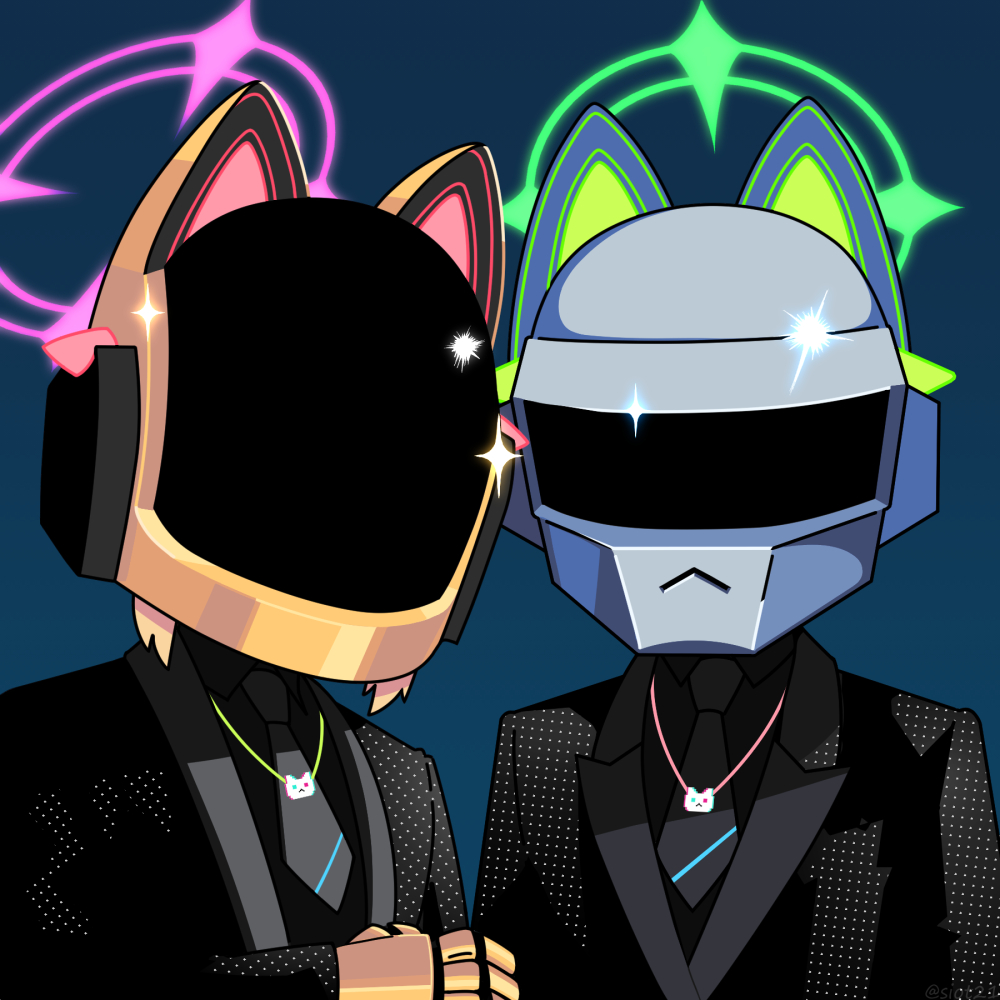 2girls adapted_costume animal_ear_headphones animal_ears blue_archive blue_background cat-shaped_neckwear cat_ear_headphones collared_shirt cosplay daft_punk fake_animal_ears formal_clothes green_halo guy-manuel_de_homem-christo guy-manuel_de_homem-christo_(cosplay) halo headphones helmet jacket jewelry mechanical_arms midori_(blue_archive) mildtaste momoi_(blue_archive) multiple_girls necklace necktie opaque_helmet parody pendant pink_halo sequins shirt siblings simple_background sisters suit suit_jacket thomas_bangalter thomas_bangalter_(cosplay) twins