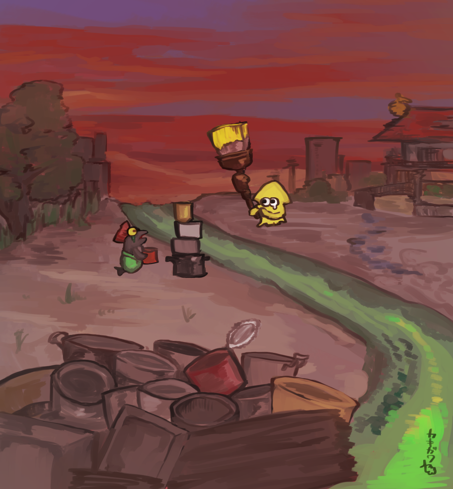 animal animal_focus artist_name black_eyes can canned_food chum_(splatoon) clothed_animal cloud colored_sclera cooking_pot crying ebifurai_kakigwa eye_contact fish green_pants holding holding_cooking_pot holding_weapon house inkling inkling_(swim_form) japanese_mythology looking_at_another mohawk nintendo no_humans octobrush_(splatoon) open_mouth outdoors pants red_eyes red_hair red_sky river sad sai_no_kawara salmon_run_(splatoon) short_hair signature sky splatoon_(series) squid stacking tears tree water weapon yellow_sclera