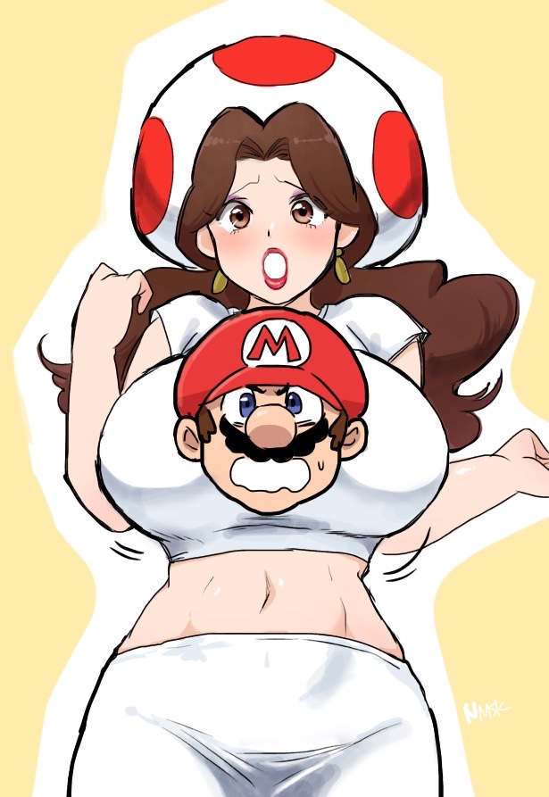 abs between_breasts breasts brown_eyes brown_hair cosplay donkey_kong_(1981_game) donkey_kong_(series) earrings hat jewelry large_breasts long_hair mario mario_(series) mario_vs._donkey_kong midriff nintendo nm_qi pauline_(mario) tears toad_(mario) toad_(mario)_(cosplay) toad_girl_(mario_vs._donkey_kong_japanese_commercial)