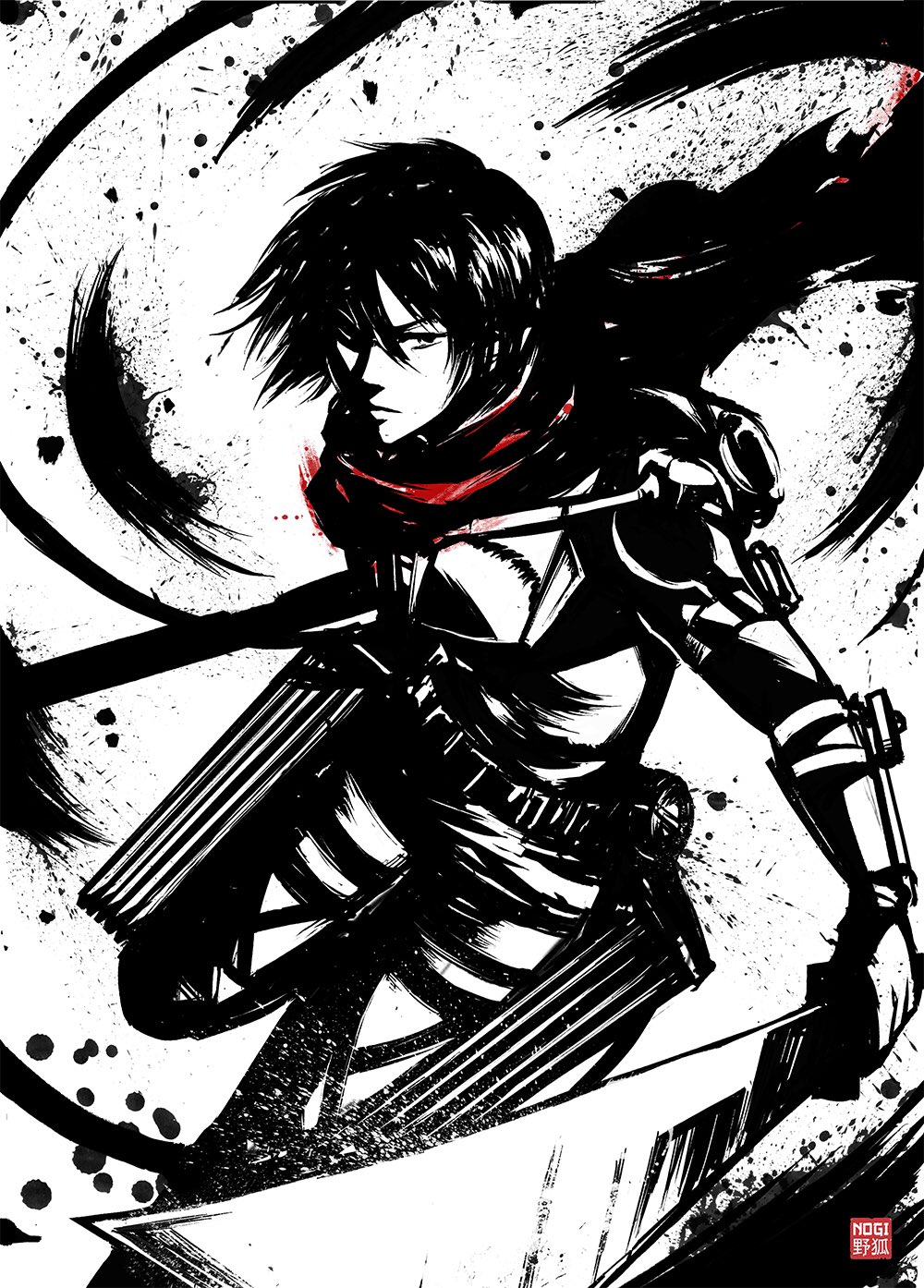 1girl blunt_bangs closed_mouth commentary french_commentary hair_between_eyes highres holding holding_sword holding_weapon mikasa_ackerman nogisanart red_scarf scarf shingeki_no_kyojin short_hair solo splashing spot_color sword three-dimensional_maneuver_gear weapon