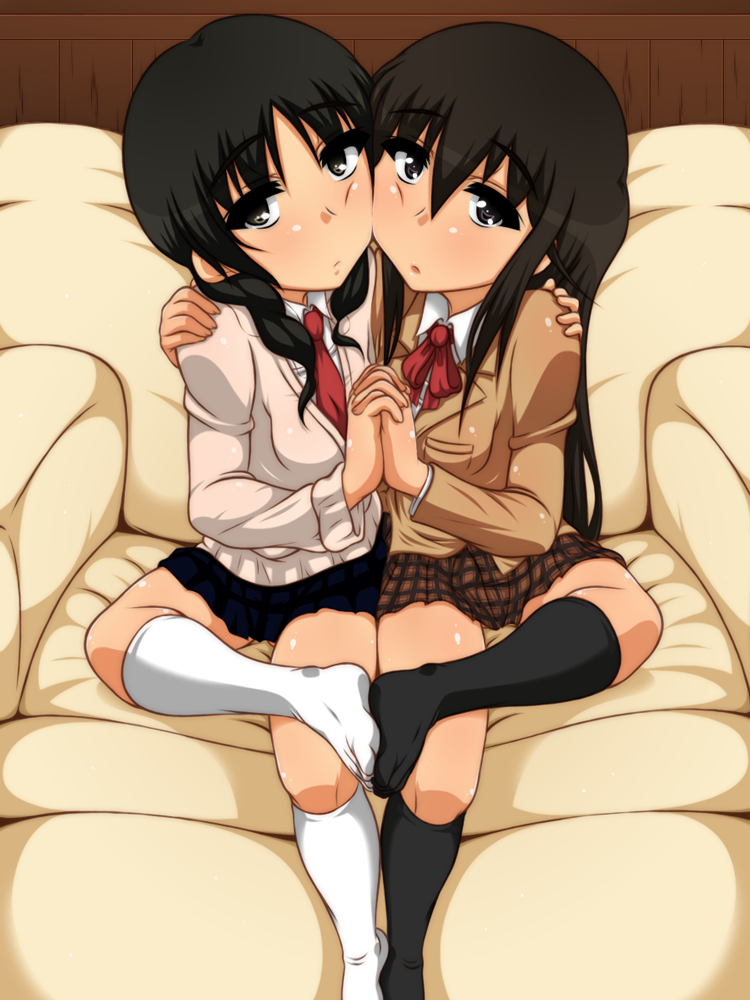 2girls amakusa_shino black_eyes black_hair black_socks blazer bow bowtie braid brown_hair cardigan feet full_body hair_between_eyes hand_on_another&#039;s_shoulder holding_hands interlocked_fingers jacket kakoogan kneehighs long_hair long_sleeves looking_at_viewer medium_hair multiple_girls open_mouth plaid_clothes plaid_skirt pleated_skirt red_bow red_bowtie red_tie school_uniform seitokai_yakuindomo sidelocks sitting skirt socks twin_braids uomi_chihiro white_socks