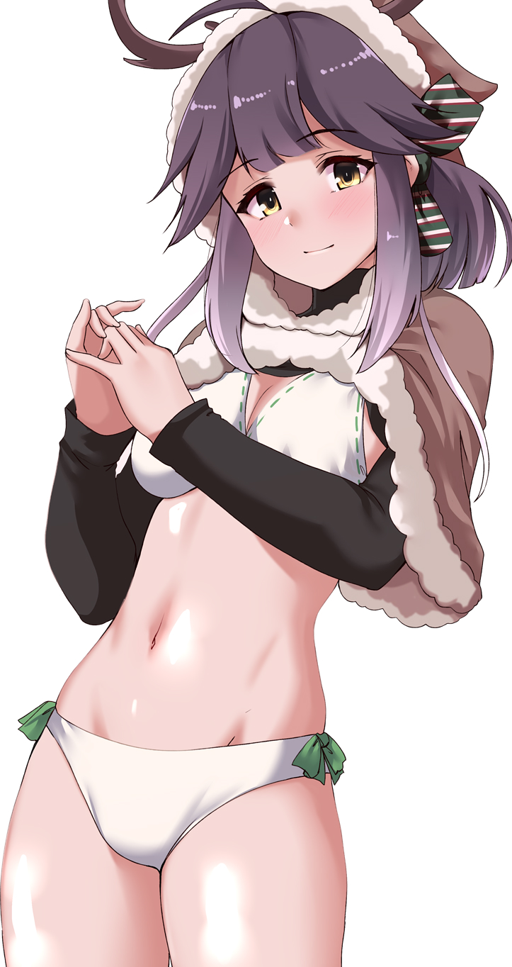 1girl adapted_costume ahoge animal_hood arm_warmers bikini blunt_bangs bow bow_panties breasts brown_hood fake_antlers fur-trimmed_hood fur_trim green_bow grey_hair hayanami_(christmas)_(kancolle) hayanami_(kancolle) highres hood kantai_collection medium_breasts panties reindeer_hood short_hair simple_background solo swimsuit tirasi_(so) underwear white_background white_bikini yellow_eyes