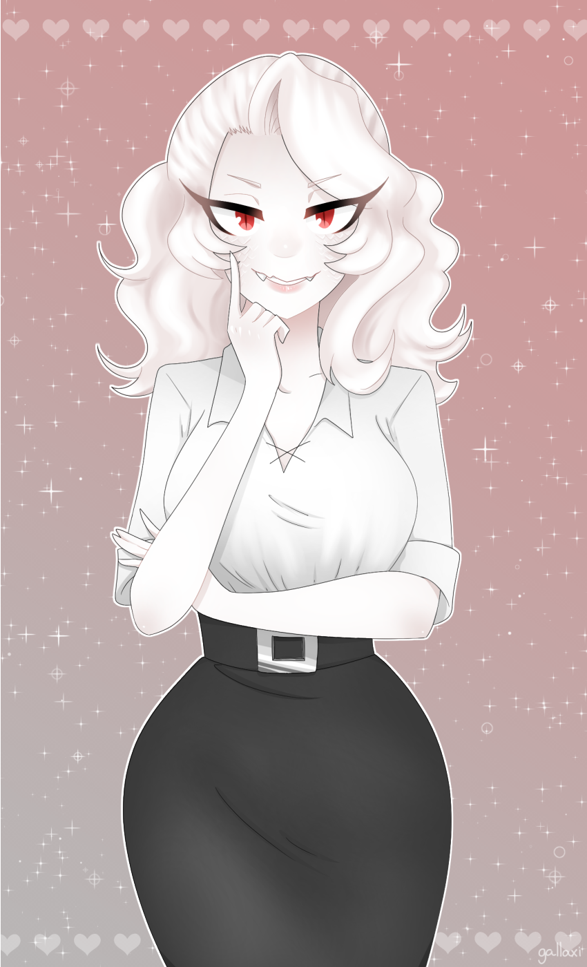 belt black_belt black_skirt borrowed_character breasts collarbone collared_shirt colored_skin fangs gallaxi gradient_background hand_on_own_arm heart highres index_finger_raised large_breasts long_hair looking_at_viewer original red_eyes shirt signature skirt slit_pupils sparkle straight-on teeth white_hair white_shirt white_skin