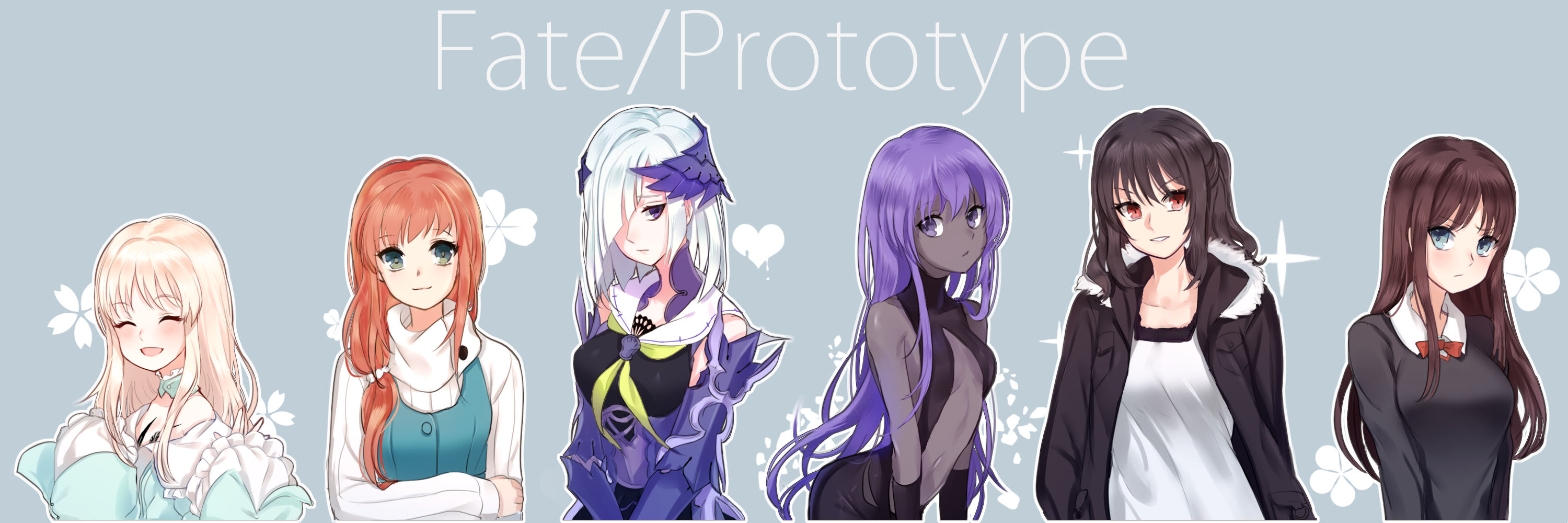 6+girls bad_id bad_pixiv_id black_hair blonde_hair blue_eyes blue_hair breasts brown_hair brynhild_(fate) character_request closed_eyes copyright_name dark-skinned_female dark_skin elsa_saijou fate/prototype fate/prototype:_fragments_of_blue_and_silver fate_(series) green_eyes hair_ornament hair_over_shoulder hassan_of_serenity_(fate) highres jacket large_breasts long_hair multiple_girls muneomon_(takomon) navel purple_eyes purple_hair red_eyes reiroukan_misaya ribbed_sweater sajou_ayaka_(fate/prototype) small_breasts sweater