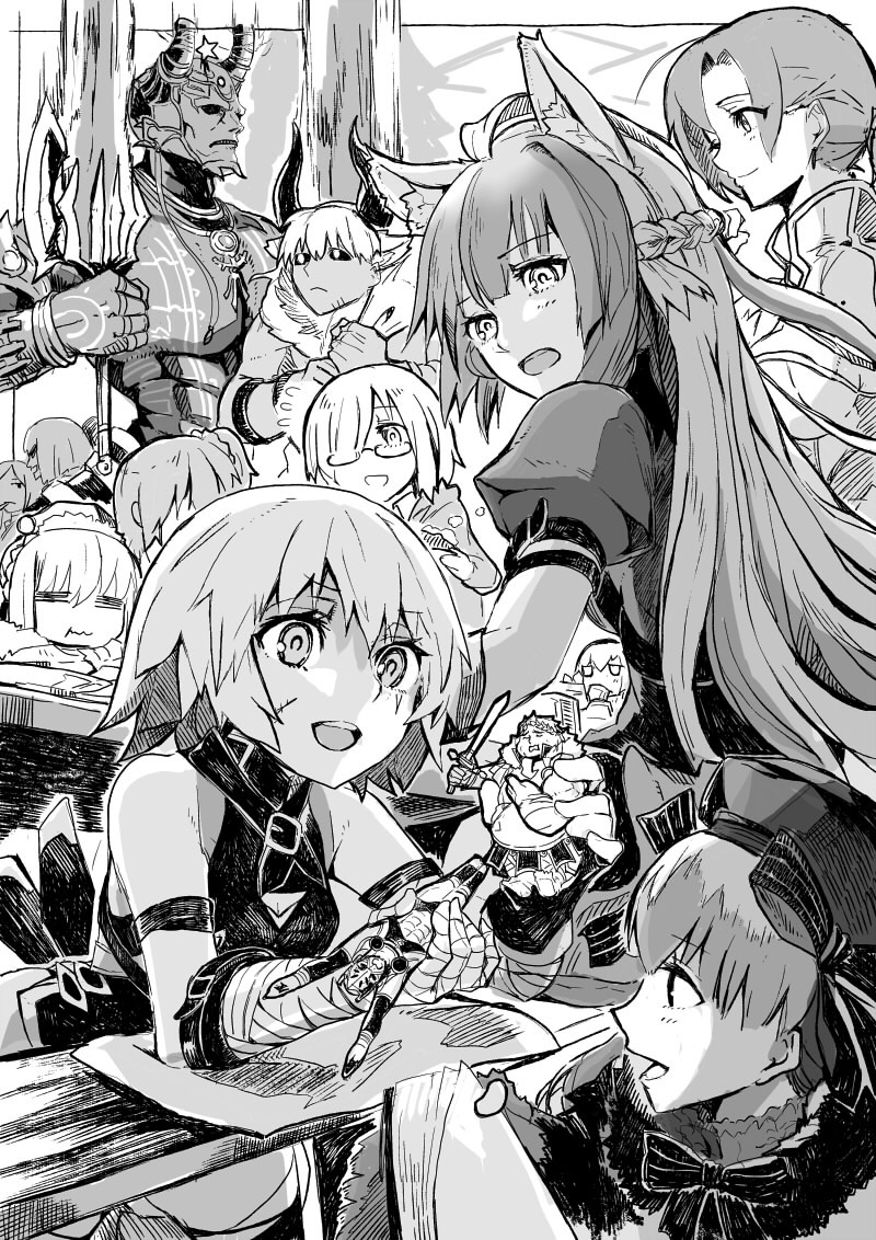 10s alice_(fate) artoria_pendragon_(fate) asterios_(fate) atalanta_(fate) boudica_(fate) boudica_(second_ascension)_(fate) darius_iii_(fate) fate/apocrypha fate/extra fate/grand_order fate/stay_night fate_(series) figure fujimaru_ritsuka_(female) gaius_julius_caesar_(fate) greyscale jack_the_ripper_(fate/apocrypha) mash_kyrielight monochrome multiple_boys multiple_girls nursery_rhyme_(fate) nursery_rhyme_(fate/grand_order) romulus_(fate) saber_(fate) saber_alter sakata_kintoki_(fate) santa_costume syatey