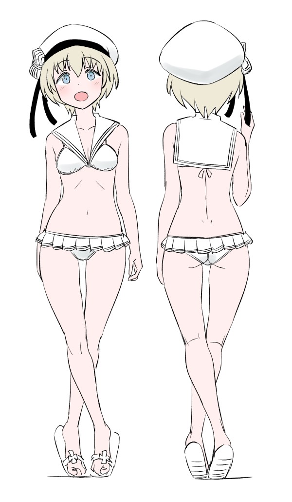 1girl ass bikini bikini_skirt blonde_hair blue_eyes breasts from_behind full_body hat kantai_collection lowleg lowleg_bikini microskirt multiple_views sailor_bikini sailor_collar sailor_hat sandals short_hair simple_background skirt small_breasts swimsuit tamu_(mad_works) white_background white_bikini white_hat white_sailor_collar z1_leberecht_maass_(kancolle) z1_leberecht_maass_(swimsuit)_(kancolle)