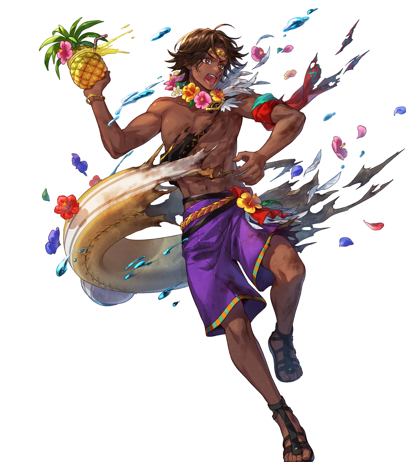 1boy abs attack brown_eyes brown_hair damaged dark-skinned_male dark_skin fire_emblem fire_emblem_engage fire_emblem_heroes flower flower_necklace fogado_(fire_emblem) fogado_(summer)_(fire_emblem) food fruit highres innertube jewelry lei male_swimwear necklace nintendo non-web_source official_alternate_costume official_art open_mouth parted_lips pineapple pointing purple_swim_trunks sandals smile solo star-shaped_pupils star_(symbol) swim_ring swim_trunks symbol-shaped_pupils torn_clothes transparent_background