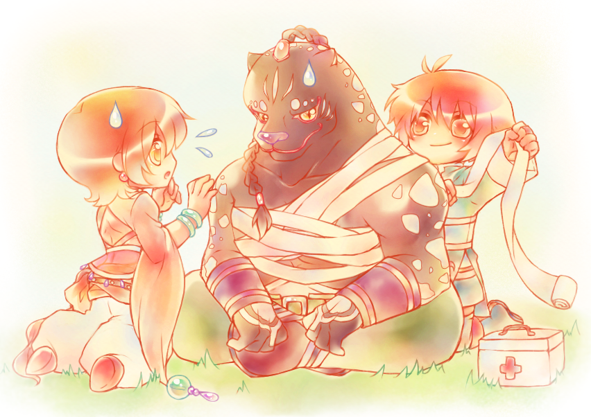 1girl 2boys ahoge annie_barrs belt boots bracelet braid brown_hair earrings eugene_gallardo gloves jewelry mao_(tales) midriff multiple_boys open_mouth pants red_eyes shoes smile tales_of_(series) tales_of_rebirth yellow_eyes