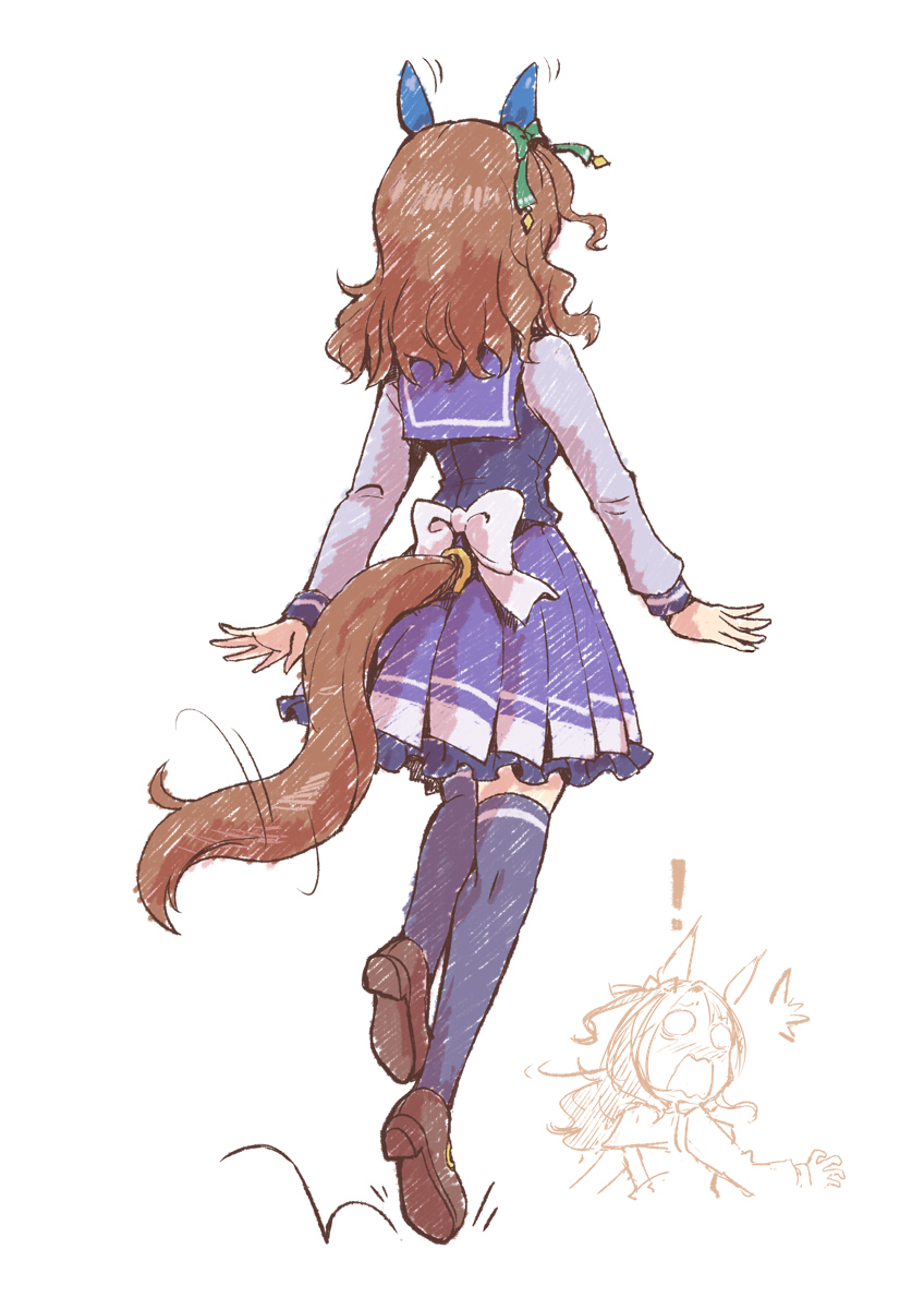 ! 1girl animal_ears bow brown_footwear brown_hair clothing_cutout commentary_request ear_bow ear_covers from_behind green_bow highres horse_ears horse_girl horse_tail king_halo_(umamusume) loafers long_hair long_sleeves multiple_views pleated_skirt purple_shirt purple_skirt purple_thighhighs sailor_collar sailor_shirt satomura_kyou school_uniform shirt shoes simple_background skipping skirt tail tail_through_clothes thighhighs tracen_school_uniform umamusume white_background white_bow