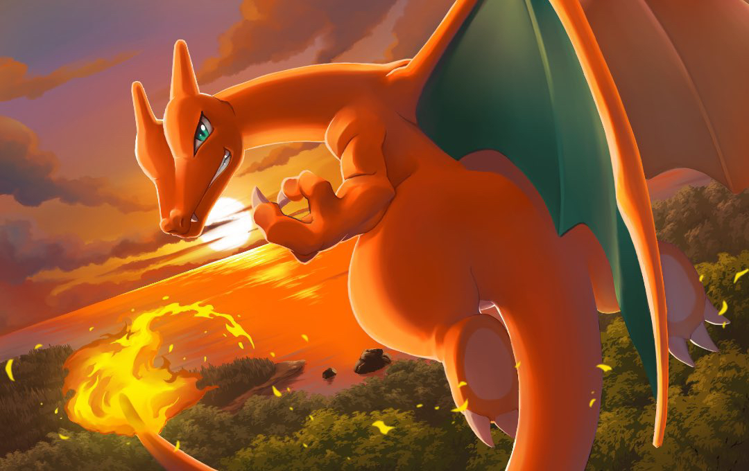 charizard claws cloud commentary_request fire flame-tipped_tail flying from_behind gen_1_pokemon green_eyes looking_back nintendo no_humans outdoors pokemon pokemon_(creature) sky smile solo sun sunset tail teeth twilight yukari_(yukari21653710)