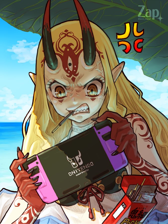 1girl anger_vein angry beach bikini black_bikini blonde_hair clenched_teeth fate/grand_order fate_(series) food food_in_mouth horns ibaraki_douji_(fate) ibaraki_douji_(fate/grand_order) ibaraki_douji_(swimsuit_lancer)_(fate) ibaraki_douji_(swimsuit_lancer)_(first_ascension)_(fate) long_hair nintendo_switch oni_horns pocky pocky_in_mouth pointy_ears swimsuit tattoo teeth yellow_eyes zap
