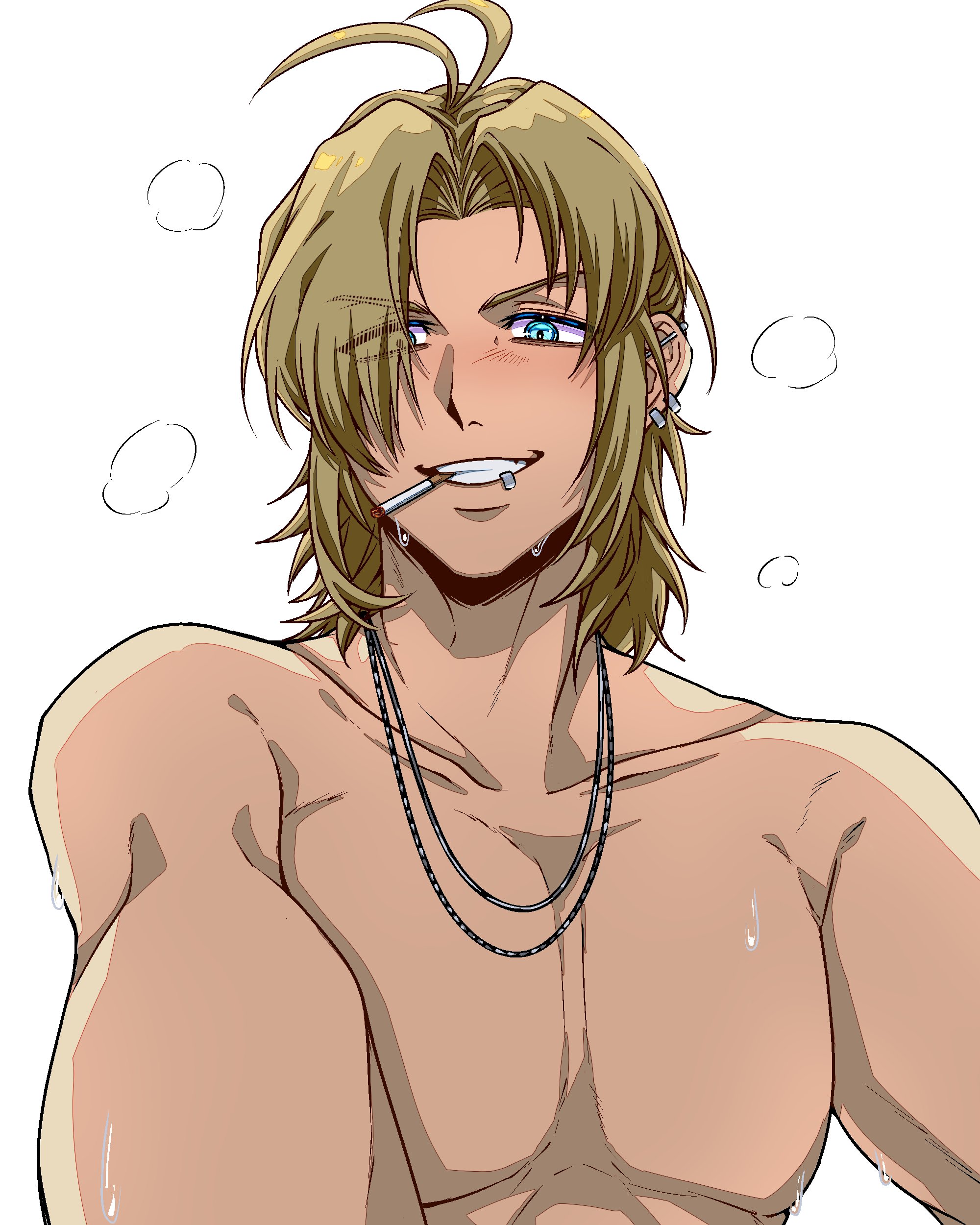 1boy absurdres blonde_hair blue_eyes cigarette degrees_of_lewdity earrings highres jewelry lip_piercing looking_at_viewer necklace no_nipples piercing simple_background smoking solo upper_body white_background whitney_(degrees_of_lewdity) whitney_(male)_(degrees_of_lewdity) yuzukiyo