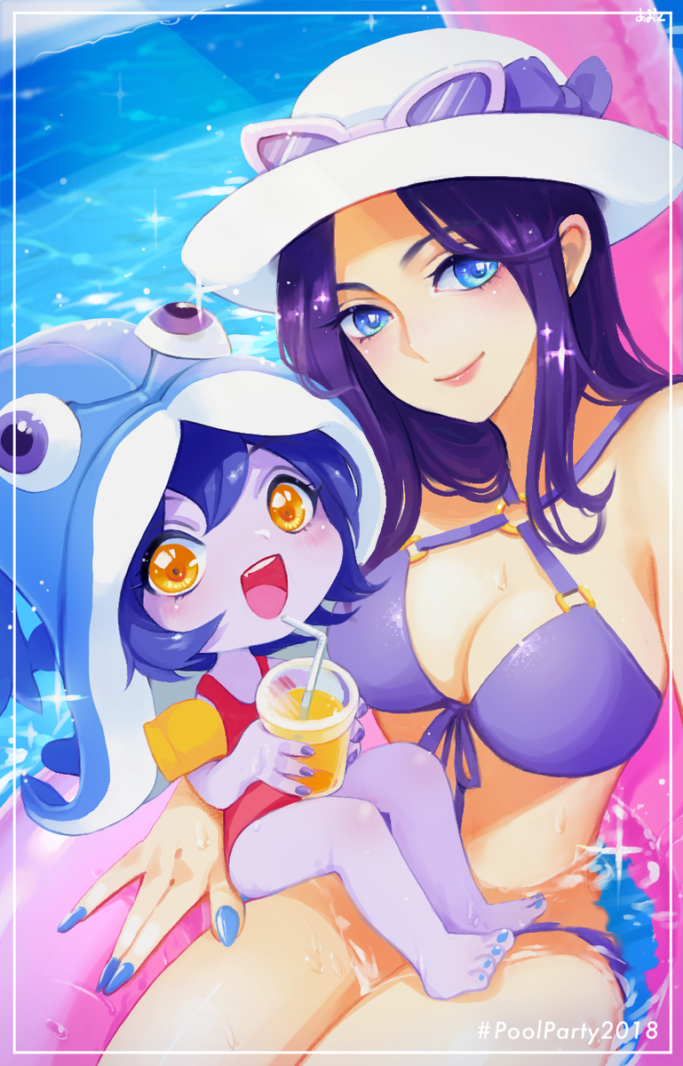 2girls aoko_(torisoboro) bikini blue_eyes blue_hair breasts caitlyn_(league_of_legends) cleavage colored_skin flat_chest half-closed_eyes hat highres innertube large_breasts league_of_legends long_hair looking_at_viewer lulu_(league_of_legends) multiple_girls nail_polish one-piece_swimsuit pink_one-piece_swimsuit pool_party_caitlyn pool_party_lulu purple_bikini purple_hair purple_skin short_hair sitting smile sparkle swim_ring swimsuit toenail_polish toenails yellow_eyes yordle