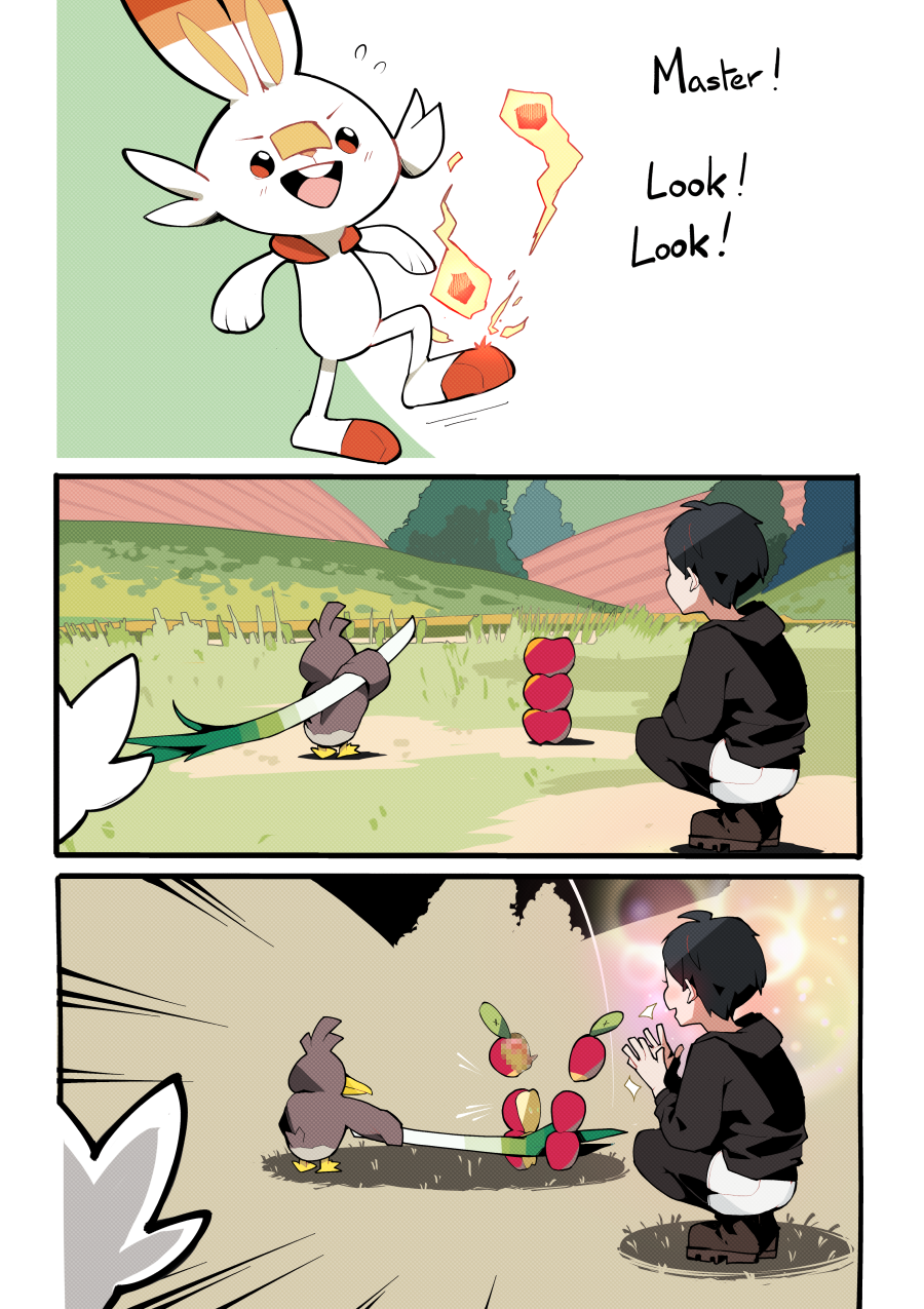 1girl :d apple applin black_hair black_hoodie black_pantyhose brown_footwear censored censored_violence cutting doodlerush english_text farfetch&#039;d fire flying_sweatdrops food fruit gen_1_pokemon gen_8_pokemon gloria_(pokemon) grass highres holding hood hood_down hoodie nintendo open_mouth outdoors pantyhose pointless_censoring pokemon pokemon_(creature) pokemon_swsh scorbunny shoes short_hair shorts smile spring_onion squatting tomboy white_shorts