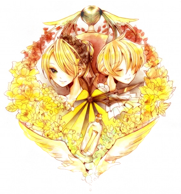 1boy 2girls aku_no_musume_(vocaloid) allen_avadonia blonde_hair bottle creator_connection dress evillious_nendaiki flower green_eyes green_hair hair_over_one_eye hatsune_miku ichiko_(hanakasu) kagamine_len kagamine_rin long_hair multiple_girls regret_message_(vocaloid) riliane_lucifen_d&#039;autriche rose short_hair siblings simple_background songover twins twintails victorian vocaloid white_background wings yellow_dress