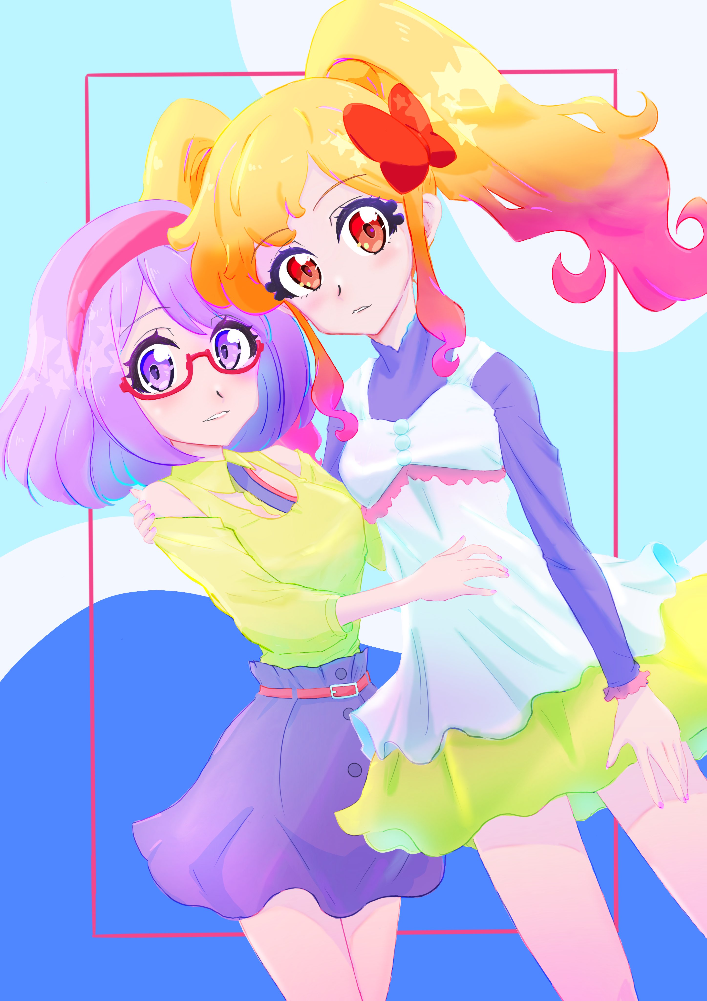 2girls absurdres aikatsu!_(series) aikatsu_stars! blonde_hair bow breasts dress glasses gradient_hair hair_bow hair_ribbon hairband highres hug multicolored_hair multiple_girls nail_polish nanakura_koharu nijino_yume odyk_p orange_eyes purple_eyes purple_hair ribbon skirt small_breasts