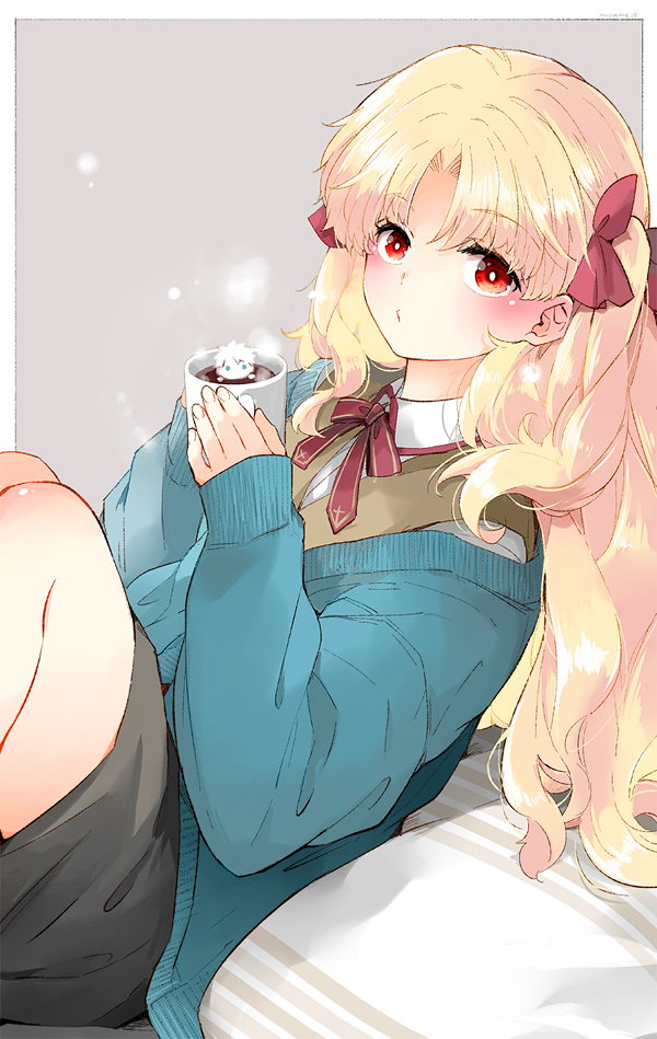 1girl azumi_(myameco) blonde_hair blush bow cup ereshkigal_(fate) fate/grand_order fate_(series) foam fujimaru_ritsuka_(male) hair_bow holding holding_cup homurabara_academy_school_uniform hot_chocolate latte_art pillow red_bow red_eyes school_uniform sweater vest