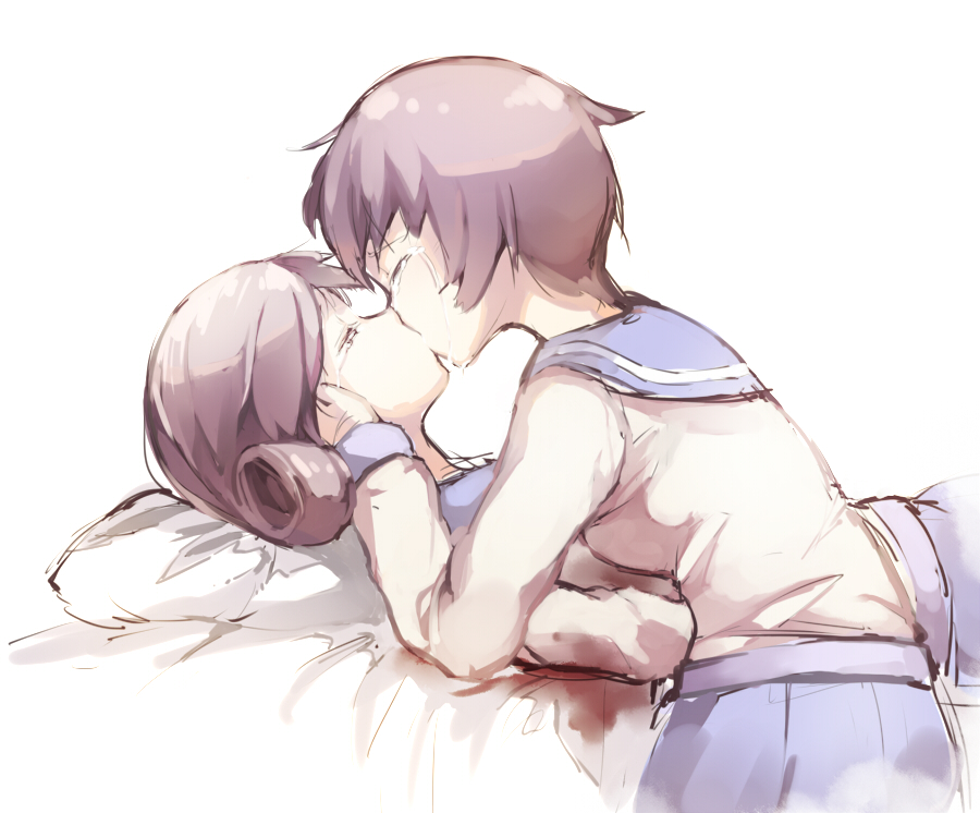 2girls blood brown_hair corpse_party curly_hair dying closed_eyes ge-b hand_on_another&#039;s_face kiss long_hair lying multiple_girls nakashima_naomi on_back on_bed pillow sad school_uniform serafuku shinohara_seiko short_hair sketch skirt spoilers tears yuri