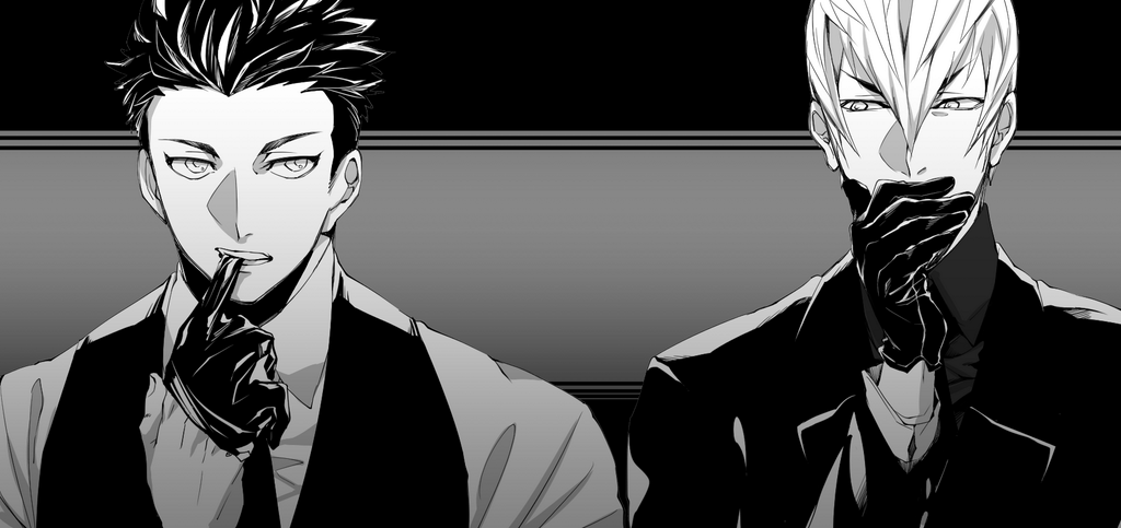 2boys collared_shirt contemporary formal_clothes gloves greyscale hair_between_eyes ishida_mitsunari_(sengoku_basara) looking_at_another makaron611 male_focus monochrome mouth_hold multiple_boys portrait removing_glove sengoku_basara shirt short_hair suit teeth_hold tokugawa_ieyasu_(sengoku_basara) vest