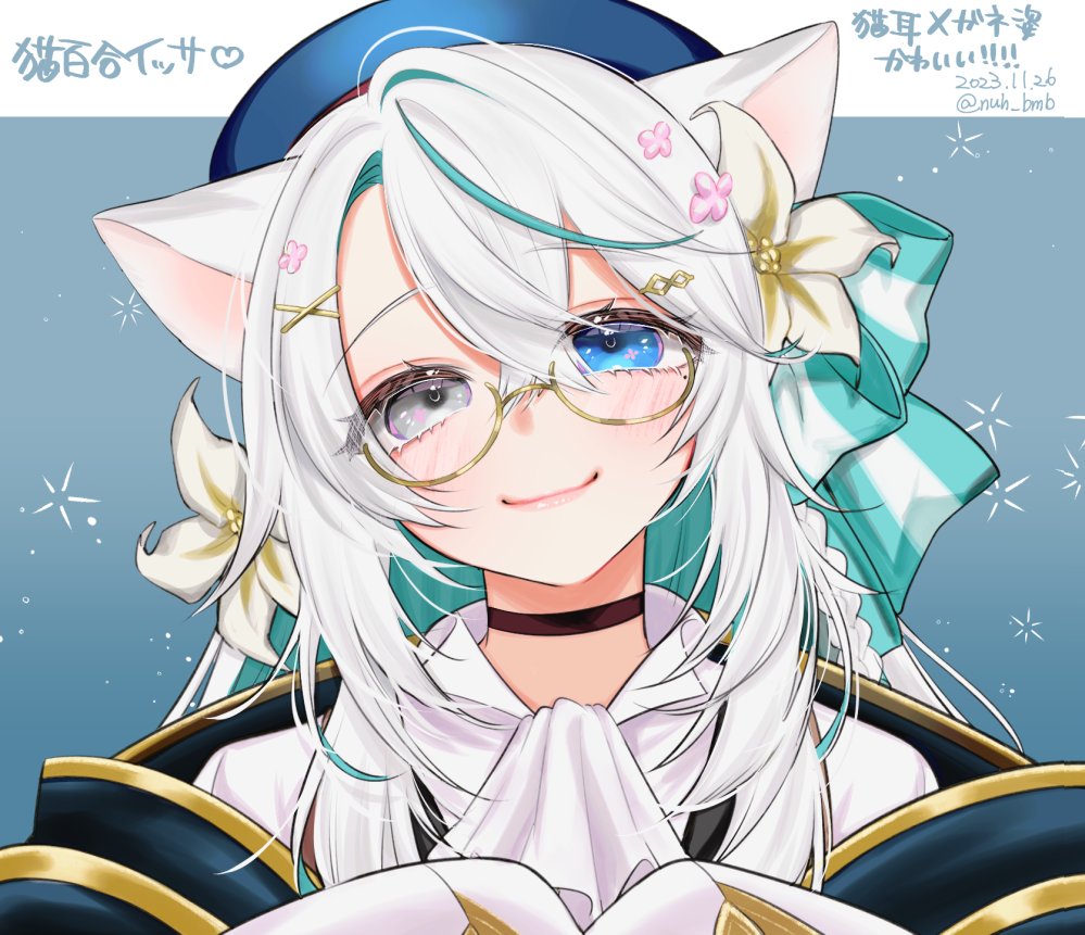 1girl animal_ears aqua_hair artist_name ascot beret black_choker blue_background blue_eyes blue_hair blue_hat blush bow braid cat_ears cat_girl character_name choker closed_mouth colored_inner_hair dated flower glasses grey_eyes hair_between_eyes hair_bow hair_flower hair_ornament hairclip hat head_tilt heterochromia indie_virtual_youtuber lily_(flower) long_hair looking_at_viewer morino_bambi multicolored_hair nekoyuri_issa pale_skin portrait round_eyewear semi-rimless_eyewear shirt smile solo twitter_username upper_body virtual_youtuber white_ascot white_flower white_hair yellow-framed_eyewear