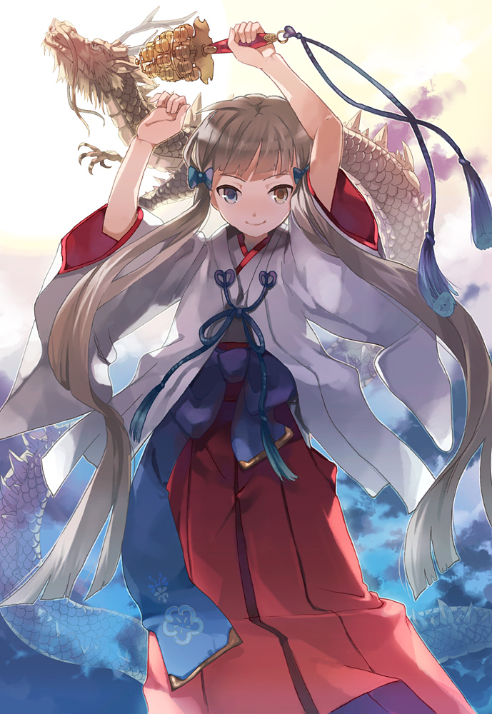 1girl arms_up bad_id bad_pixiv_id bell blue_eyes bow brown_eyes brown_hair dragon eastern_dragon eihi female_focus hair_bow heterochromia japanese_clothes jingle_bell kagura_suzu long_hair miko new_year original smile solo twintails