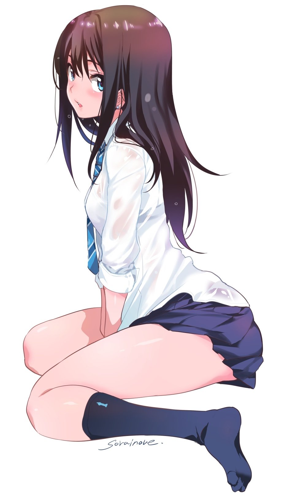 1girl :d between_legs black_socks blue_eyes blush brown_hair collared_shirt commentary_request earrings from_side full_body hand_between_legs highres idolmaster idolmaster_cinderella_girls inoue_sora jewelry kneehighs long_hair looking_at_viewer looking_to_the_side miniskirt necktie no_shoes open_mouth purple_skirt revision shibuya_rin shirt simple_background sitting skirt three-quarter_sleeves sleeves_pushed_up smile socks solo striped_necktie stud_earrings thighs wariza white_background white_shirt
