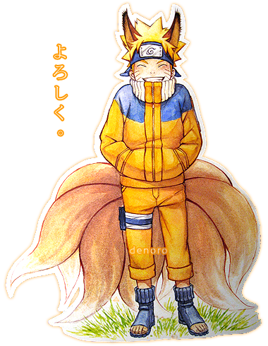 artist_name character_name denoro facial_mark forehead_protector giggling hands_in_pockets kitsune konohagakure_symbol lowres naruto_(classic) naruto_(series) ninja photoshop_(medium) signature solo spiked_hair uzumaki_naruto