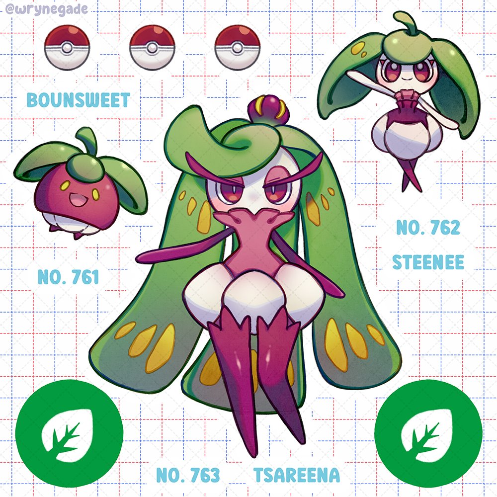 artist_name bounsweet character_name colored_skin eyelashes game_freak gen_7_pokemon green_hair nintendo open_mouth pink_eyes poke_ball poke_ball_(basic) pokemon pokemon_(creature) purple_skin smile steenee tsareena white_skin wrynegade yellow_eyes