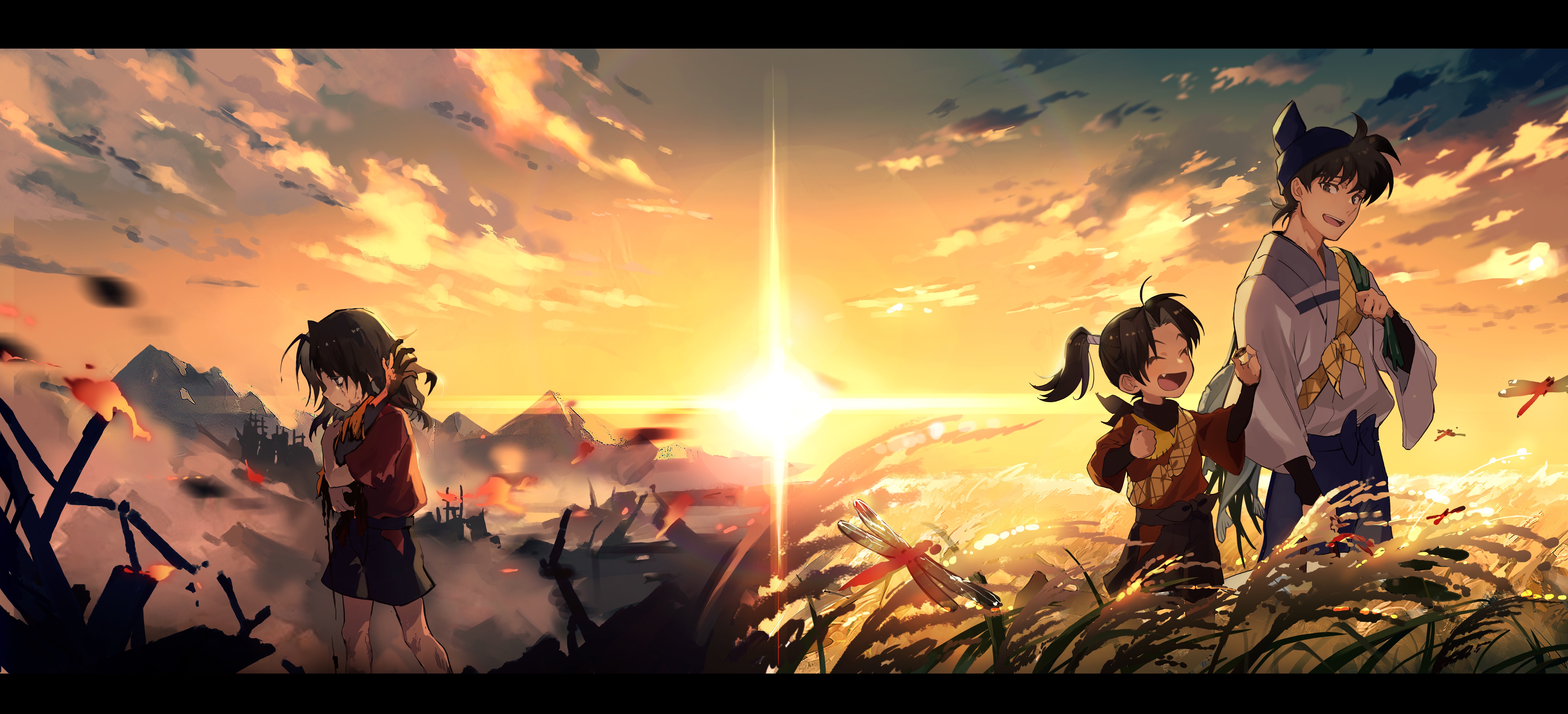 2boys ^_^ absurdres animal black_hair black_pants black_scarf black_shorts blue_headwear blue_pants bruise bug burnt child closed_eyes commentary comparison corpse crying depressed doi_hansuke dragonfly fang fish floating_hair hand_up hands_up happy hat highres hip_vent holding_another's_arm injury insect japanese_clothes kimono letterboxed long_hair medium_hair motion_blur multiple_boys outdoors pants ponytail profile rakudai_ninja_rantarou remon_(10112) rice_paddy ruins sack sad scarf settsuno_kirimaru severed_limb short_hair shorts sky smile sun torn_clothes twilight