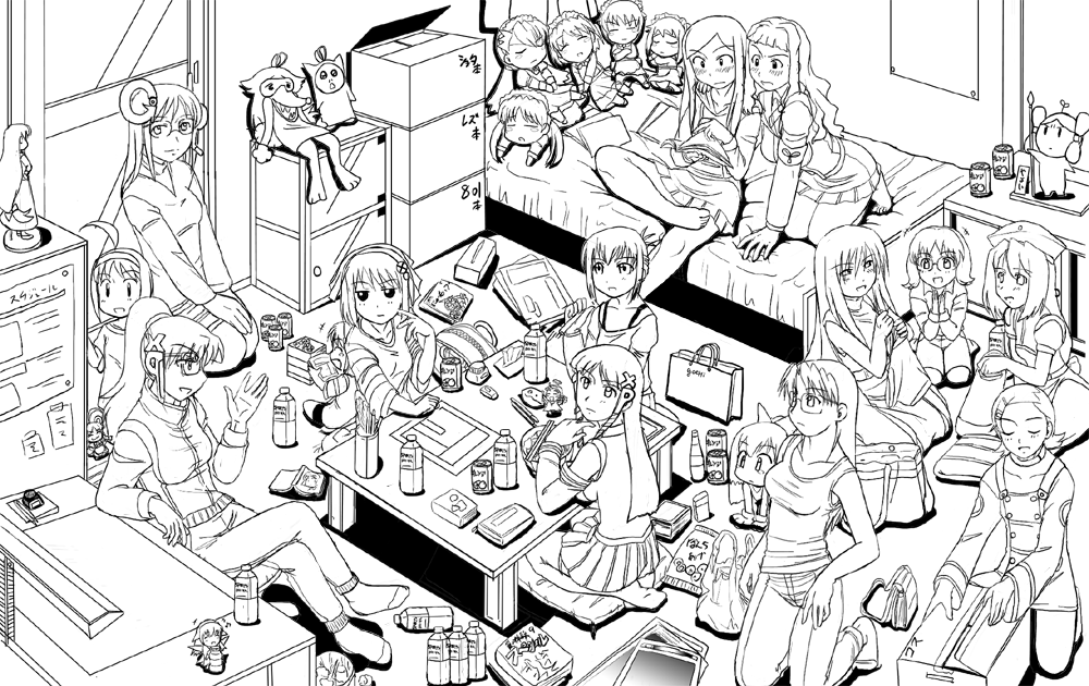 00s 2k-tan 6+girls ahoge azumanga_daiou bag barefoot bed book bottle bowl box can cardboard_box chair chibi child choia chopsticks crossed_legs crossover desk drink eureka_(eureka_seven) eureka_seven eureka_seven_(series) everyone feet figure food fukuzawa_yumi futaba_channel genshiken glasses goboten google google-tan greyscale handbag hidoi homeko inu-t jacket kneeling kuga_natsuki lineart long_hair maid maria-sama_ga_miteru medoi mini_person minigirl mizuhara_koyomi modoi monochrome mujin_wakusei_survive multiple_girls musu my-hime my-otome nijiura_maids nt-tan oono_kanako open_book os-tan party pillow ponytail reading sharla shimonkin shopping_bag short_hair sitting skirt socks suigetsu suzushiro_haruka table takaya_n tank_top thighhighs toddler toes track_jacket waha xp-tan xp_home-tan xphome yamato_suzuran