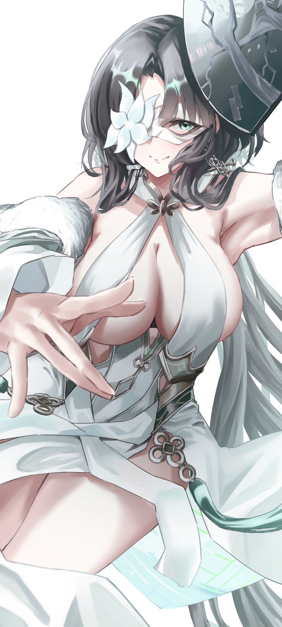 1girl azur_lane bare_shoulders black_hair breast_curtains breasts detached_sleeves dress eye_mask full_body green_eyes highres huan_ch&#039;ang_(azur_lane) huan_ch&#039;ang_(dance_beneath_the_moonlight)_(azur_lane) ornament short_hair simple_background smile wano117_wa white_background white_dress