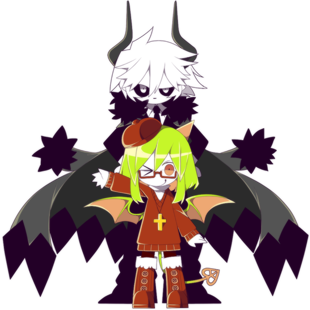 &gt;_o 1boy 1girl beret black_footwear black_necktie black_pants black_sclera black_suit boots cape chibi colored_sclera demon_boy demon_girl demon_horns demon_tail demon_wings formal_clothes funamusea funamusea_(artist) fur-trimmed_boots fur_trim green_hair grey_cape haiiro_teien hair_between_eyes hands_on_own_hips hat heart heart_tail horns kcalb_(funamusea) messy_hair necktie official_art one_eye_closed pants promotional_art red-framed_eyewear red_footwear red_headwear red_sweater red_thighhighs semi-rimless_eyewear short_hair sidelocks simple_background single_horn smile suit sweater tail thighhighs waving white_background white_eyes white_hair wings yosafire_(funamusea)