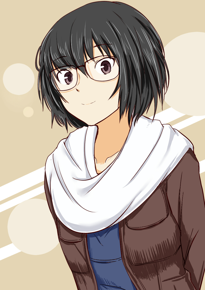 1girl amagami arms_behind_back black_hair brown_jacket collarbone glasses highres jacket looking_at_viewer nanasaki_ai saitou_shouki scarf short_hair smile solo white_scarf