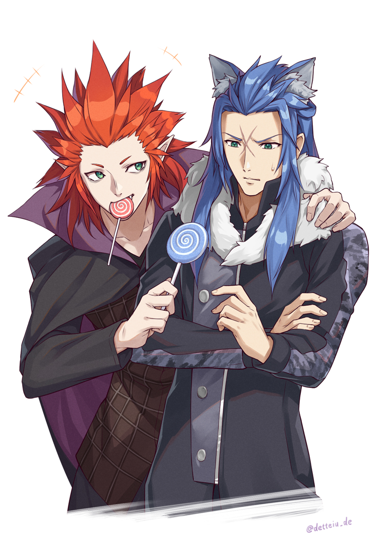 2boys arm_around_shoulder axel_(kingdom_hearts) blue_eyes blue_hair candy commentary cross_scar crossed_arms english_commentary fang food food_in_mouth gogo_(detteiu_de) green_eyes hair_slicked_back halloween holding holding_candy holding_food holding_lollipop kingdom_hearts lollipop long_hair male_focus multiple_boys pointy_ears red_hair saix scar scar_on_face scar_on_forehead spiked_hair sweatdrop twitter_username vampire_costume werewolf_costume yaoi
