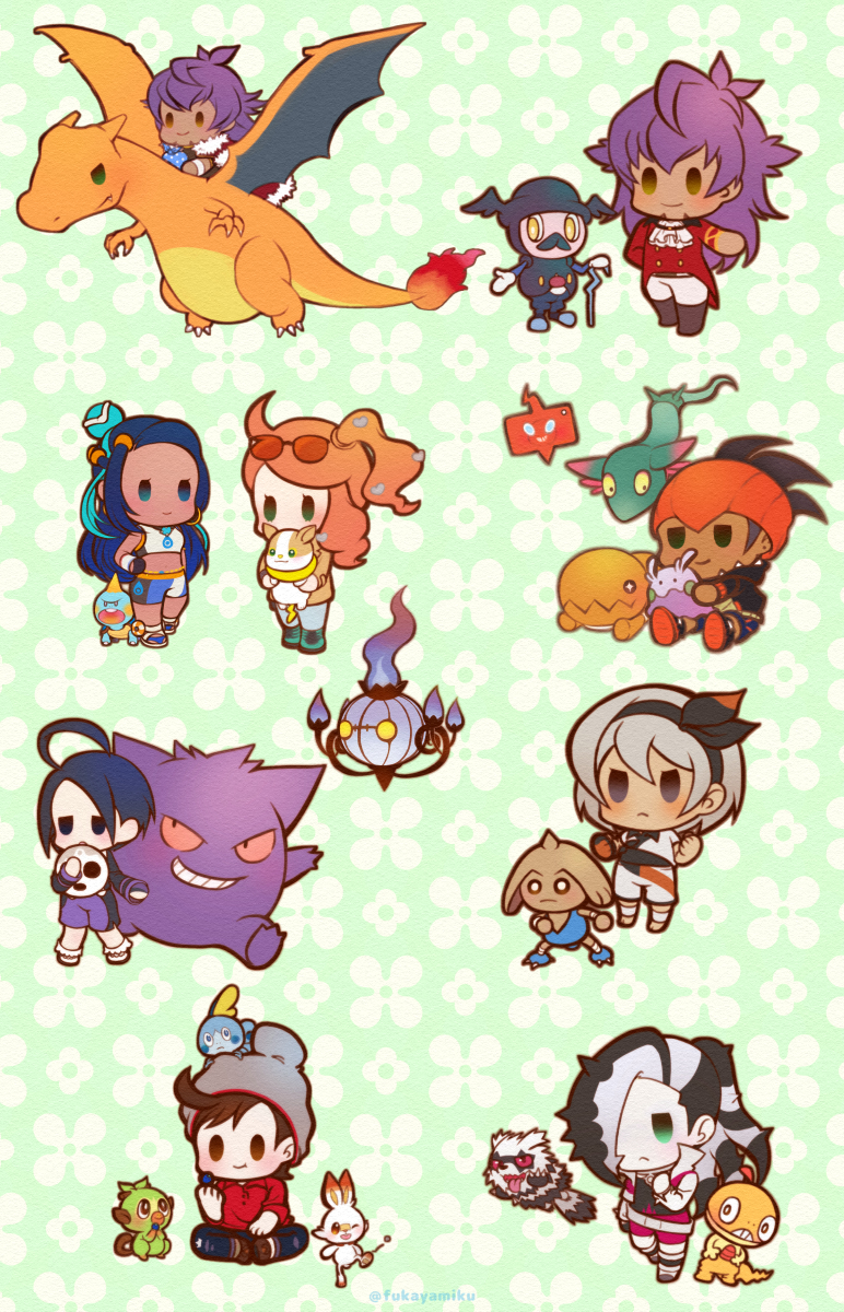 3girls 5boys ahoge allister_(pokemon) aqua_eyes bea_(pokemon) beanie belt bike_shorts black_hair black_hairband blue_hair boots bow_hairband brown_eyes brown_footwear brown_hair cape chandelure charizard chewtle collared_shirt commentary_request dark-skinned_female dark-skinned_male dark_skin dreepy dynamax_band earrings eyewear_on_head flame-tipped_tail fukaya_miku fur-trimmed_cape fur_trim galarian_form galarian_zigzagoon game_freak gen_1_pokemon gen_2_pokemon gen_3_pokemon gen_4_pokemon gen_5_pokemon gen_6_pokemon gen_8_pokemon gengar goomy green_eyes grey_hair grey_headwear grookey gym_leader hair_between_eyes hair_bun hairband hat highres hitmontop hoop_earrings jacket jewelry knee_pads leon_(pokemon) long_hair long_sleeves mask mr._rime multicolored_hair multiple_boys multiple_girls nessa_(pokemon) nintendo orange_hair pants piers_(pokemon) pokemon pokemon_(creature) pokemon_swsh purple_hair raihan_(pokemon) red_cape red_shirt rotom rotom_phone sandals scorbunny scraggy shirt shoes short_sleeves side_ponytail single_hair_bun sleeves_rolled_up sobble sonia_(pokemon) starter_pokemon_trio sunglasses swept_bangs trapinch two-tone_hair victor_(pokemon) white_footwear white_jacket white_neckwear white_pants yamper