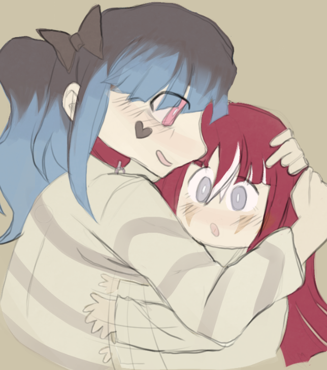 2girls age_difference amemiya_darumi aspersumcornu black_bow black_hair blue_hair blush bow child collarbone female_focus grey_eyes hair_bow heart hug kamyuhn long_hair long_sleeves multicolored_hair multiple_girls open_mouth pink_eyes red_hair shirt striped_clothes striped_shirt the_hundred_line_-last_defense_academy- white_hair