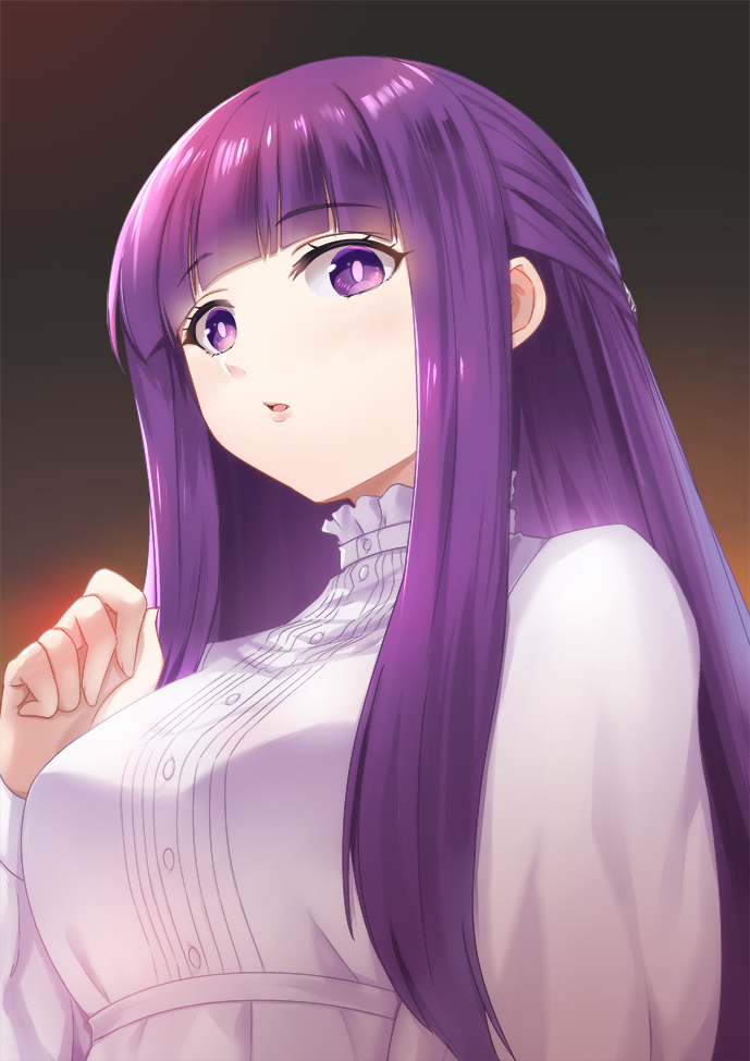 1girl blunt_bangs breasts commentary_request dress dtcy fern_(sousou_no_frieren) hand_up large_breasts long_hair looking_at_viewer open_mouth purple_eyes purple_hair solo sousou_no_frieren white_dress