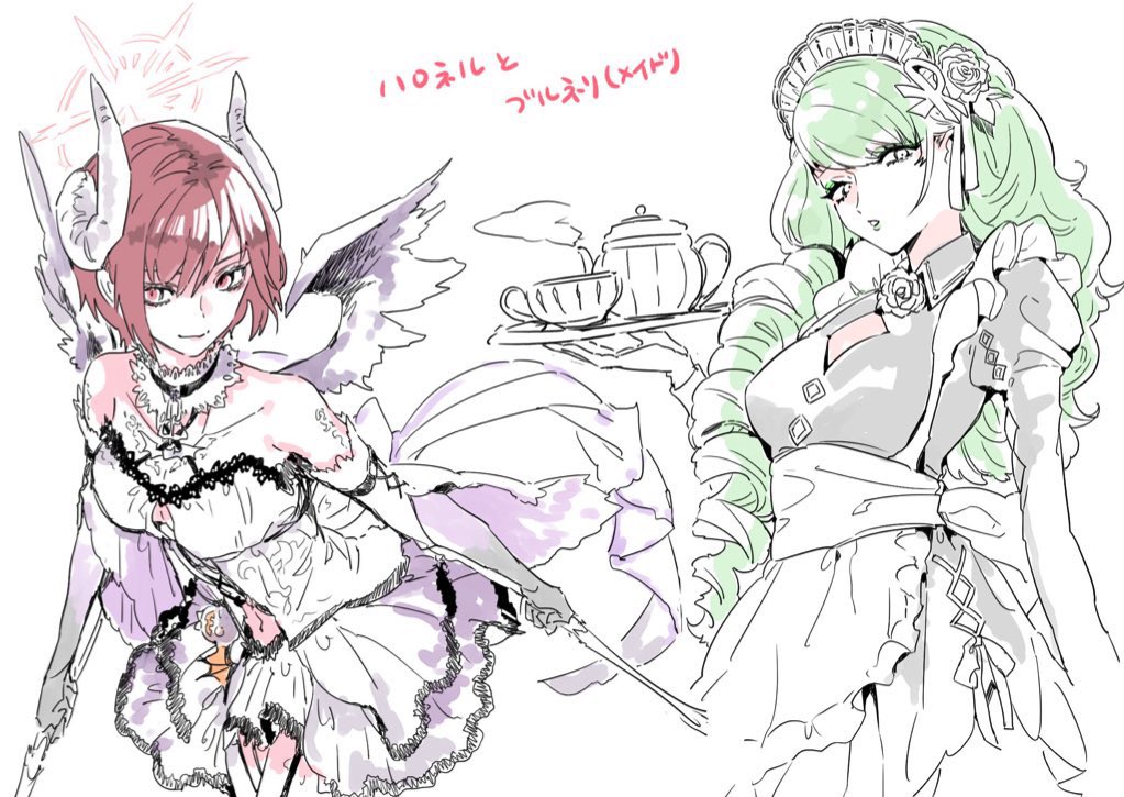 2girls breasts closed_mouth commentary fiore_brunelli gloves green_hair kisaragi_koubana long_hair looking_at_viewer maid medium_breasts multiple_girls navel nel_zelpher red_hair short_hair simple_background skirt smile star_ocean star_ocean_anamnesis star_ocean_integrity_and_faithlessness star_ocean_till_the_end_of_time tattoo white_background