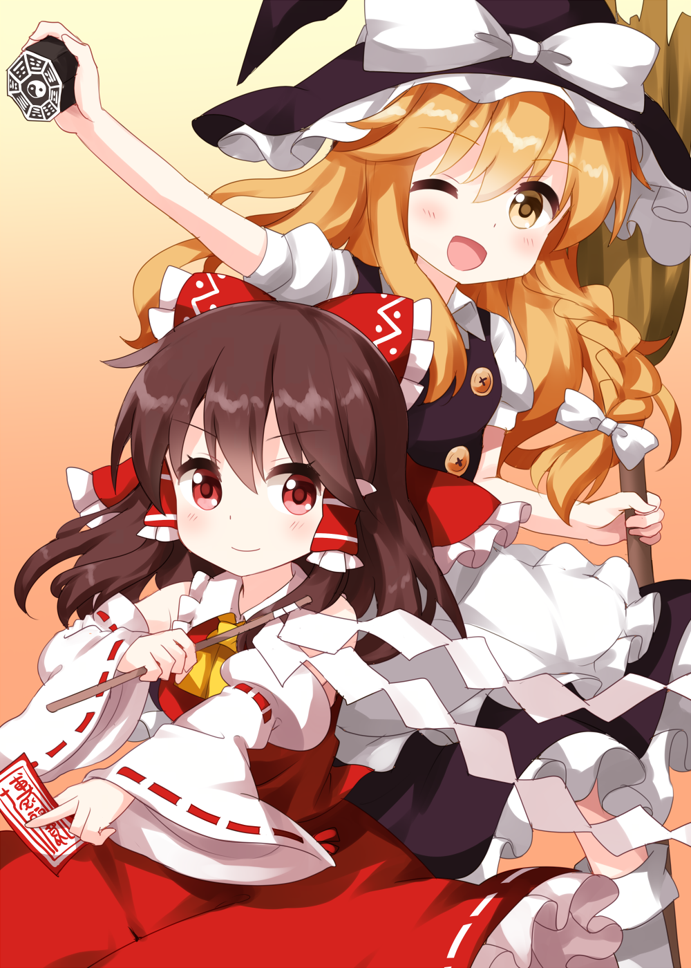 2girls ;d apron ascot bare_shoulders between_fingers black_hat black_skirt black_vest blonde_hair blush bow braid brown_hair closed_mouth collared_shirt commentary_request detached_sleeves frilled_apron frilled_bow frilled_hair_tubes frilled_hat frilled_skirt frills gohei gradient_background hair_bow hair_tubes hakurei_reimu hat hat_bow highres holding holding_gohei kirisame_marisa long_hair looking_at_viewer mini-hakkero multiple_girls ofuda ofuda_between_fingers one_eye_closed open_mouth outstretched_arm puffy_short_sleeves puffy_sleeves red_bow red_eyes red_shirt ribbon-trimmed_skirt ribbon-trimmed_sleeves ribbon_trim ruu_(tksymkw) shirt short_sleeves sidelocks single_braid skirt skirt_set sleeveless sleeveless_shirt smile touhou vest waist_apron white_apron white_bow white_shirt white_sleeves wide_sleeves witch_hat yellow_ascot yellow_background yellow_eyes