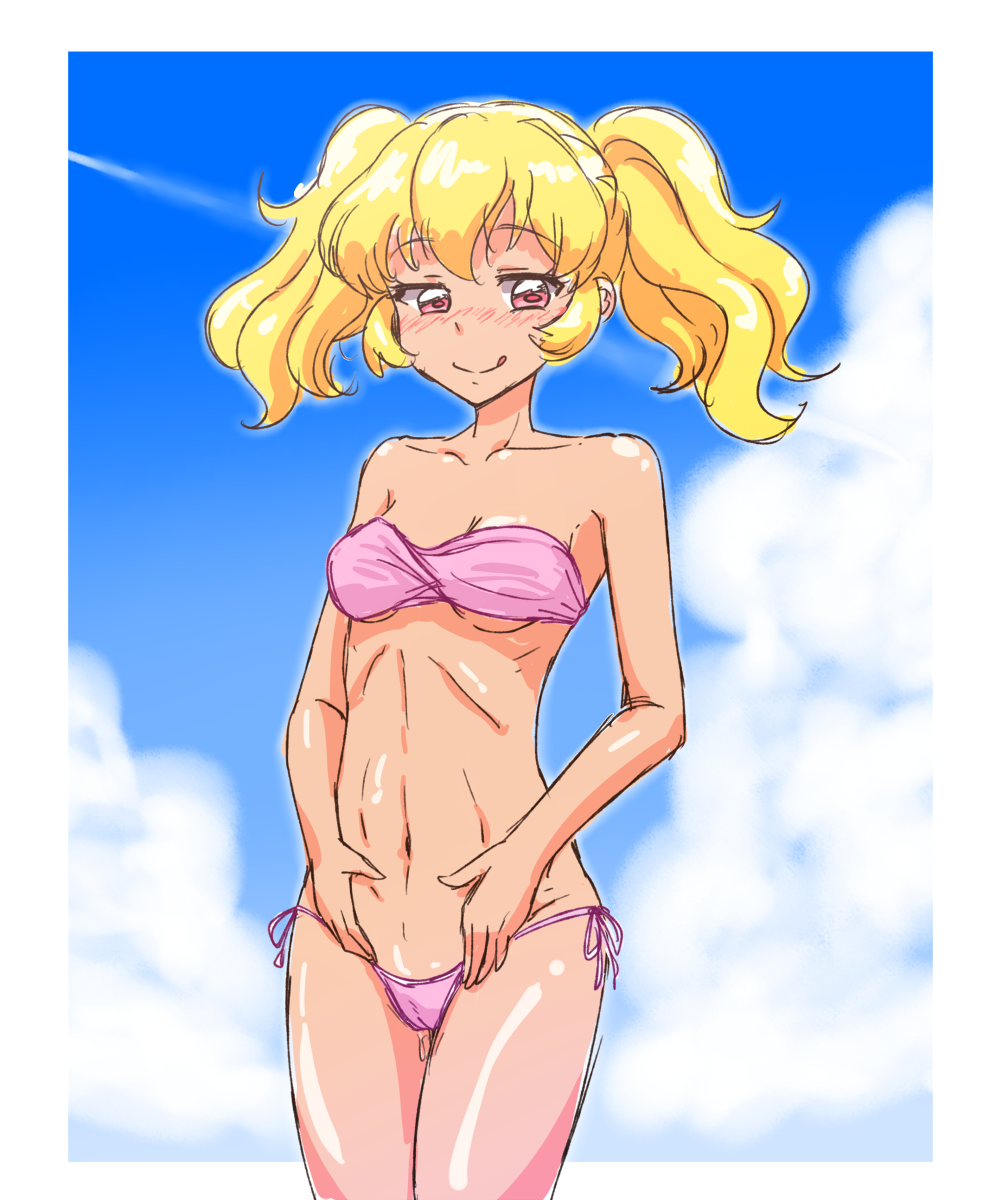 1girl :p aikatsu!_(series) aikatsu_stars! bare_arms bare_shoulders bikini blonde_hair blue_sky blush border breasts cameltoe cleavage closed_mouth cloud cloudy_sky collarbone cowboy_shot day highres hoshimiya_ichigo kurorook looking_at_viewer medium_breasts midriff naughty_face navel nose_blush outdoors outside_border pink_bikini red_eyes shiny_skin side-tie_bikini_bottom sideways_glance sky solo stomach strapless strapless_bikini string_bikini swimsuit tan toned tongue tongue_out twintails underboob white_border