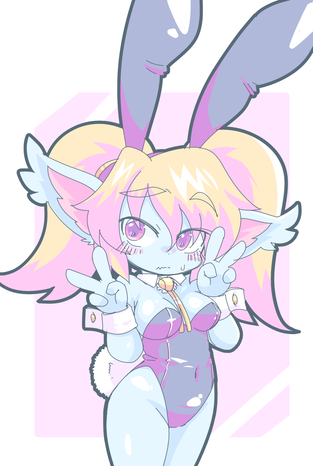 1girl animal_ears bare_shoulders black_leotard blonde_hair blue_skin blush breasts closed_mouth collar colored_skin covered_navel cowboy_shot detached_collar dot_nose double_v embarrassed eyebrows fake_animal_ears female_focus hands_up highres kayo!!_(gotoran) league_of_legends leotard long_hair long_pointy_ears medium_breasts neck_ribbon pink_background pink_eyes playboy_bunny pointy_ears poppy_(league_of_legends) rabbit_ears ribbon shortstack simple_background solo standing strapless strapless_leotard tail twintails two-tone_background v wavy_mouth white_background white_collar white_wrist_cuffs wrist_cuffs yellow_ribbon yordle