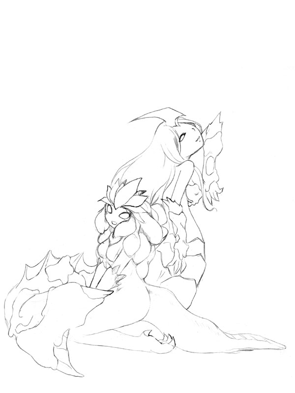 2girls agnaktor breasts camel_(dansen) female_focus monochrome monster_girl monster_hunter_(series) multiple_girls no_nipples no_pupils personification royal_ludroth sitting tail wariza